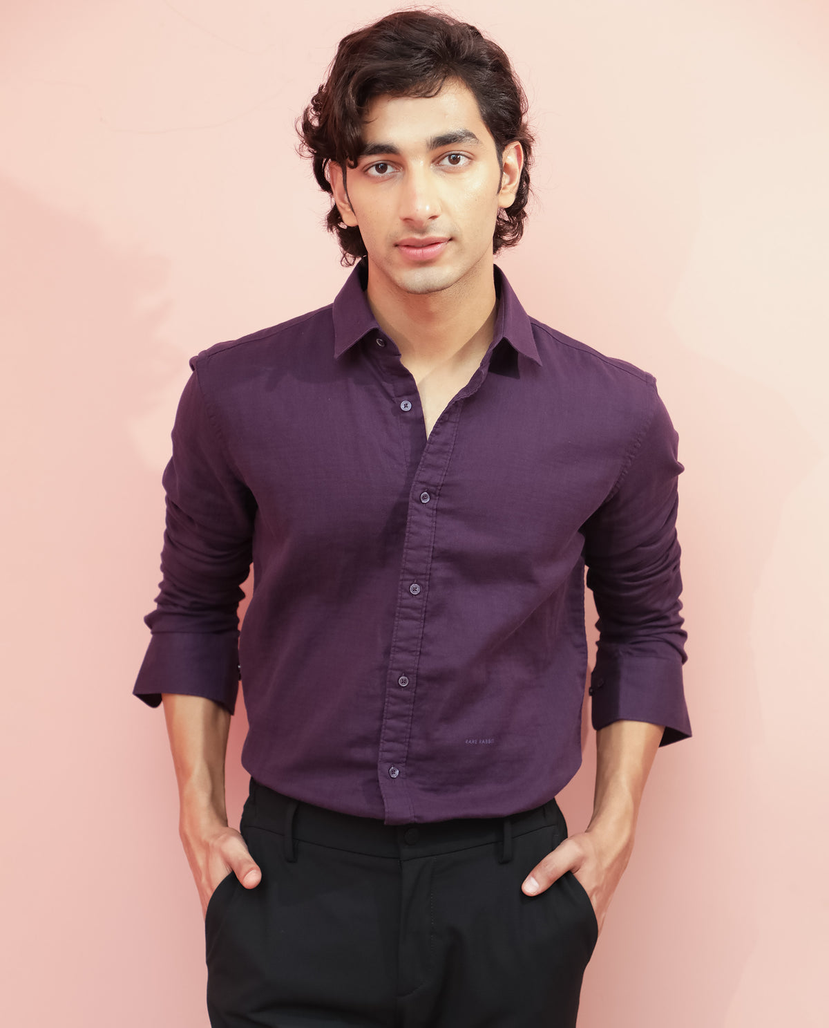 Rare Rabbit Men's Layerr Dark Purple Cotton Fabric Full Sleeves Solid Shirt