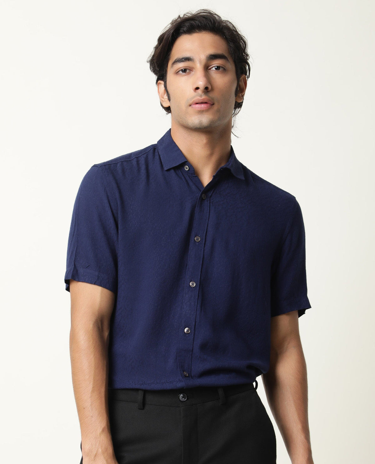 RARE RABBIT MENS JENNY NAVY SHIRT RAYON FABRIC SLIM FIT COLLAR COLLAR Short Sleeve