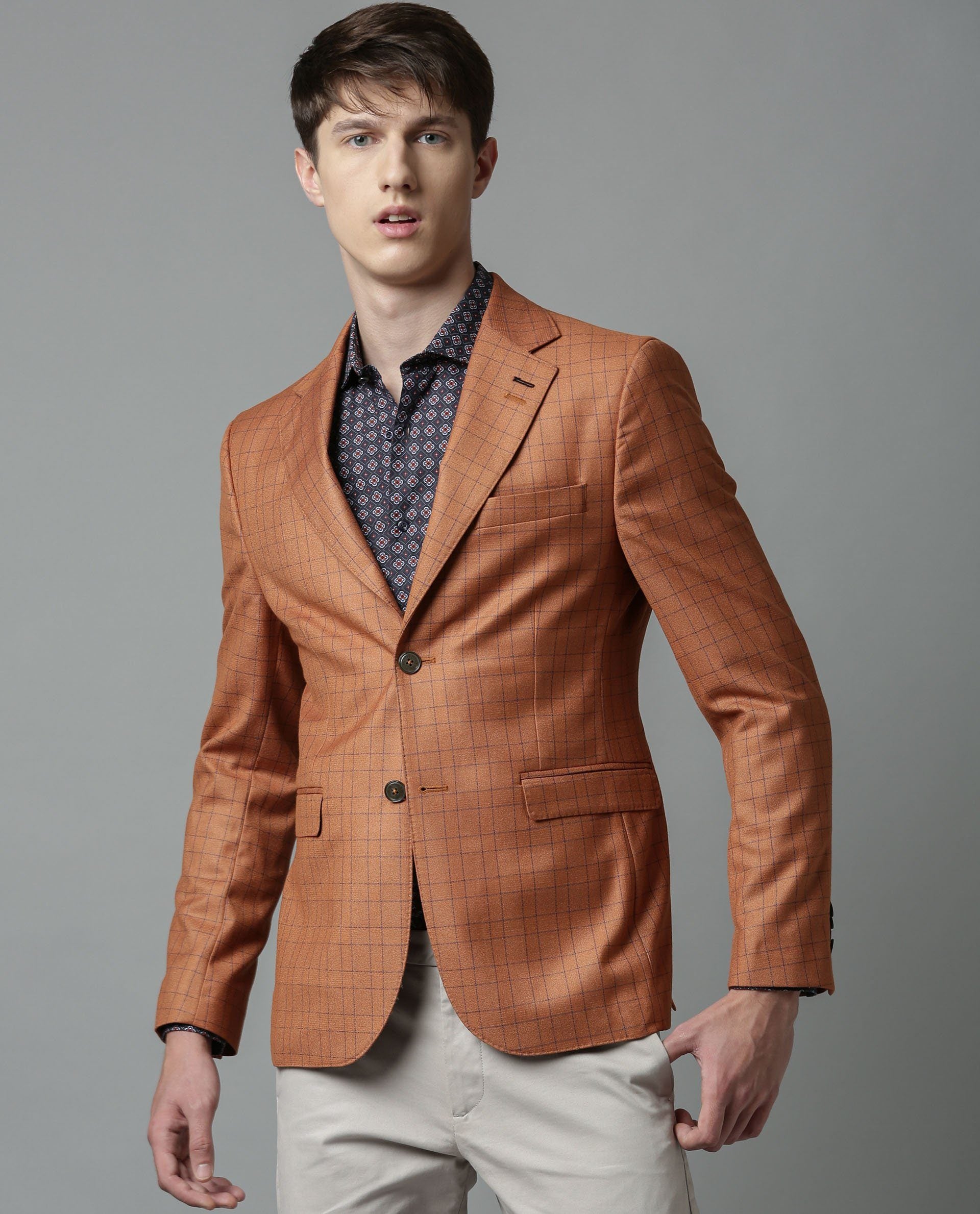Rare Rabbit Men'S Rage Rust Blazer Full Sleeves Checks Slim Fit