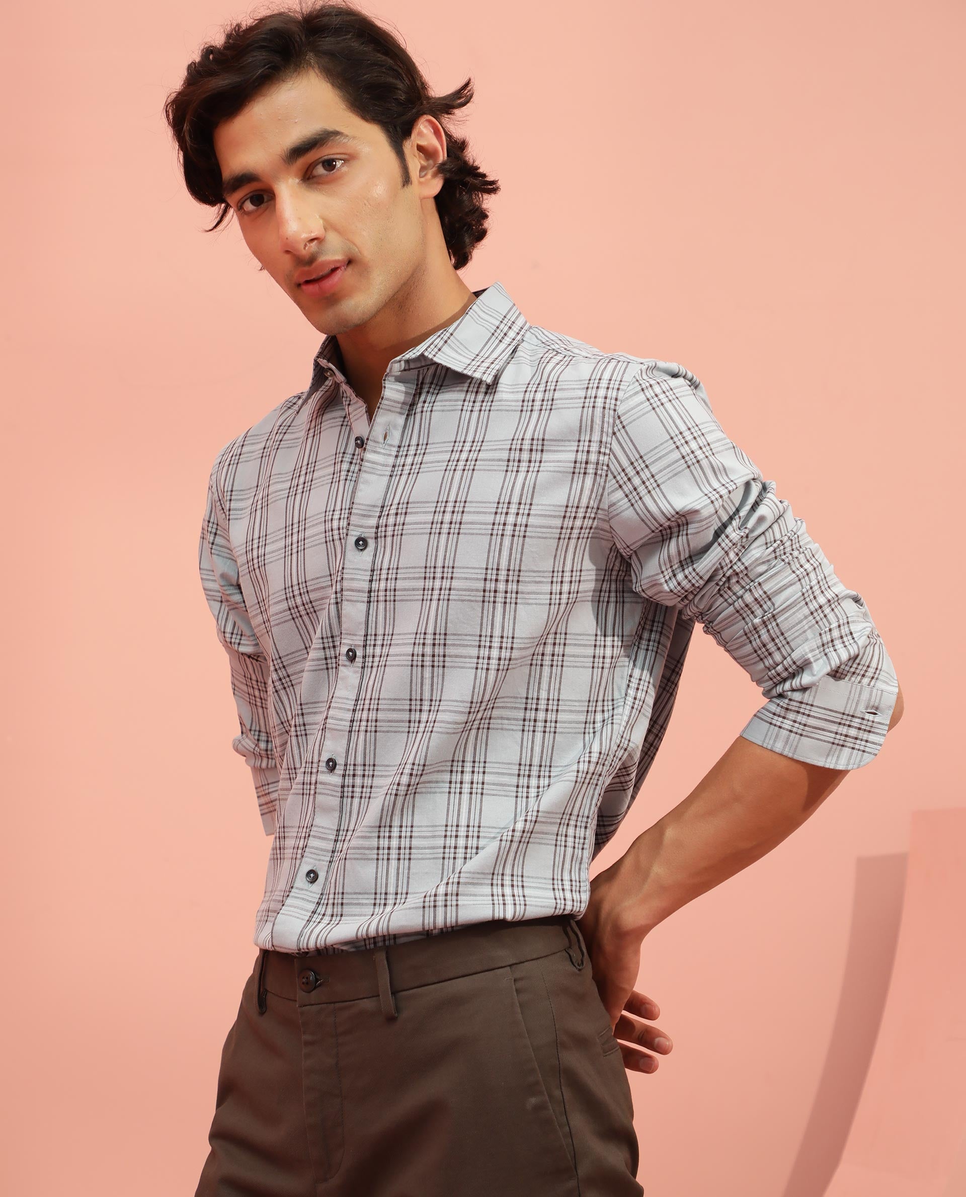 Rare Rabbit Men's Frazey Grey Cotton Fabric Full Sleeves Checks Shirt