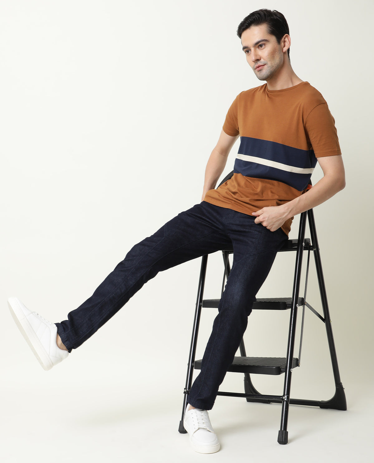Rare Rabbit Pire Brown Crew Neck Striped Half Sleeves Regular Fit T-Shirt