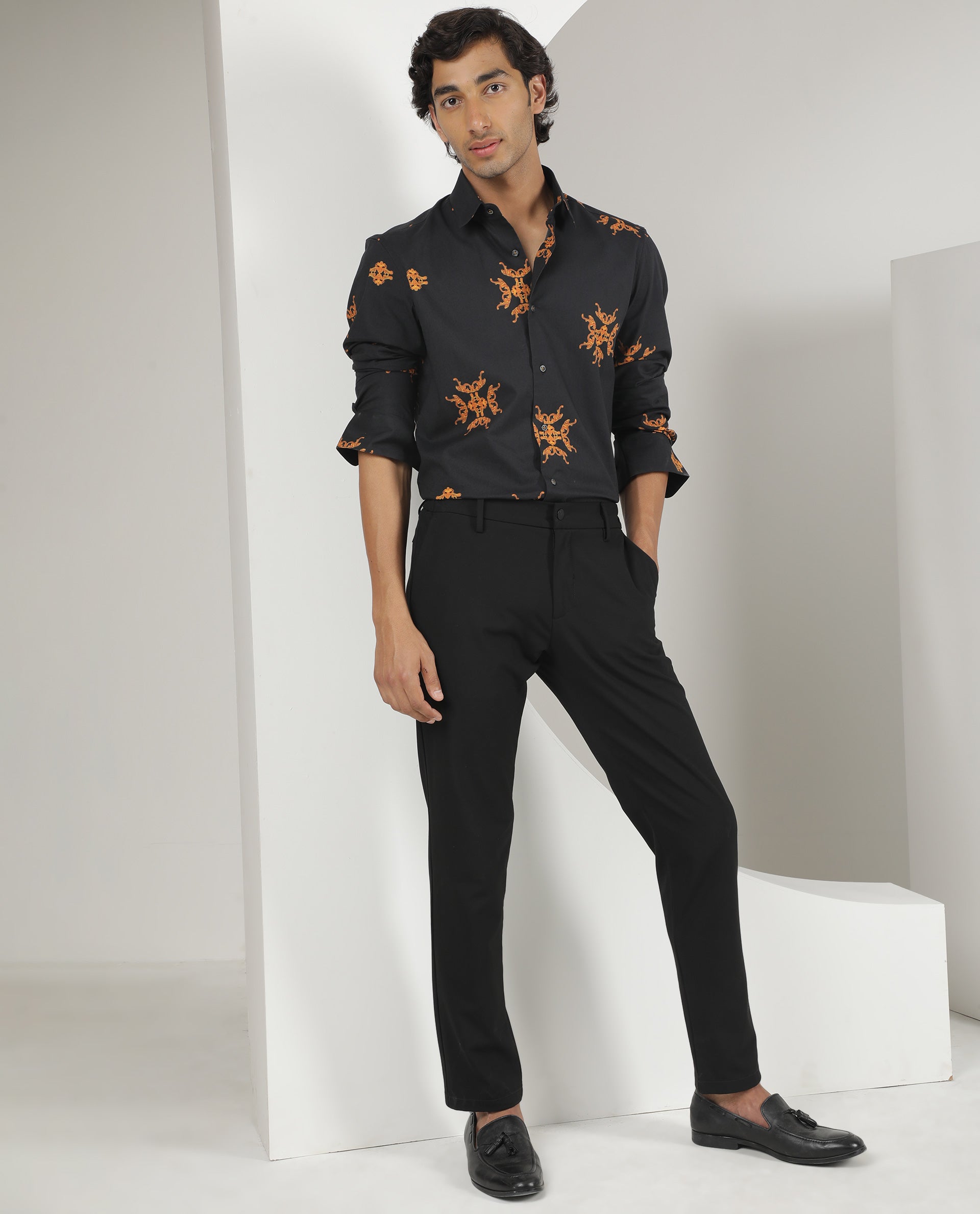 Rare Rabbit Men's Vicaroy Black Cotton Fabric Graphic Print Full Sleeves Shirt