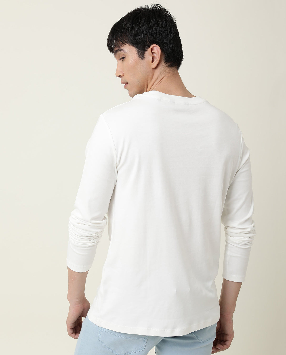 Rare Rabbit Men's Full Off-White Solid Crew Neck Full Sleeve Slim Fit T-Shirt