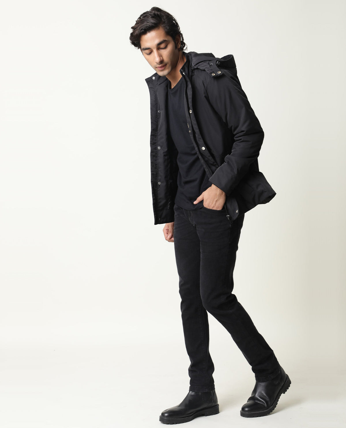 Rare Rabbit Mens Venue Primary Black Jacket Polyester Fabric Full Sleeve Hooded Slim Fit