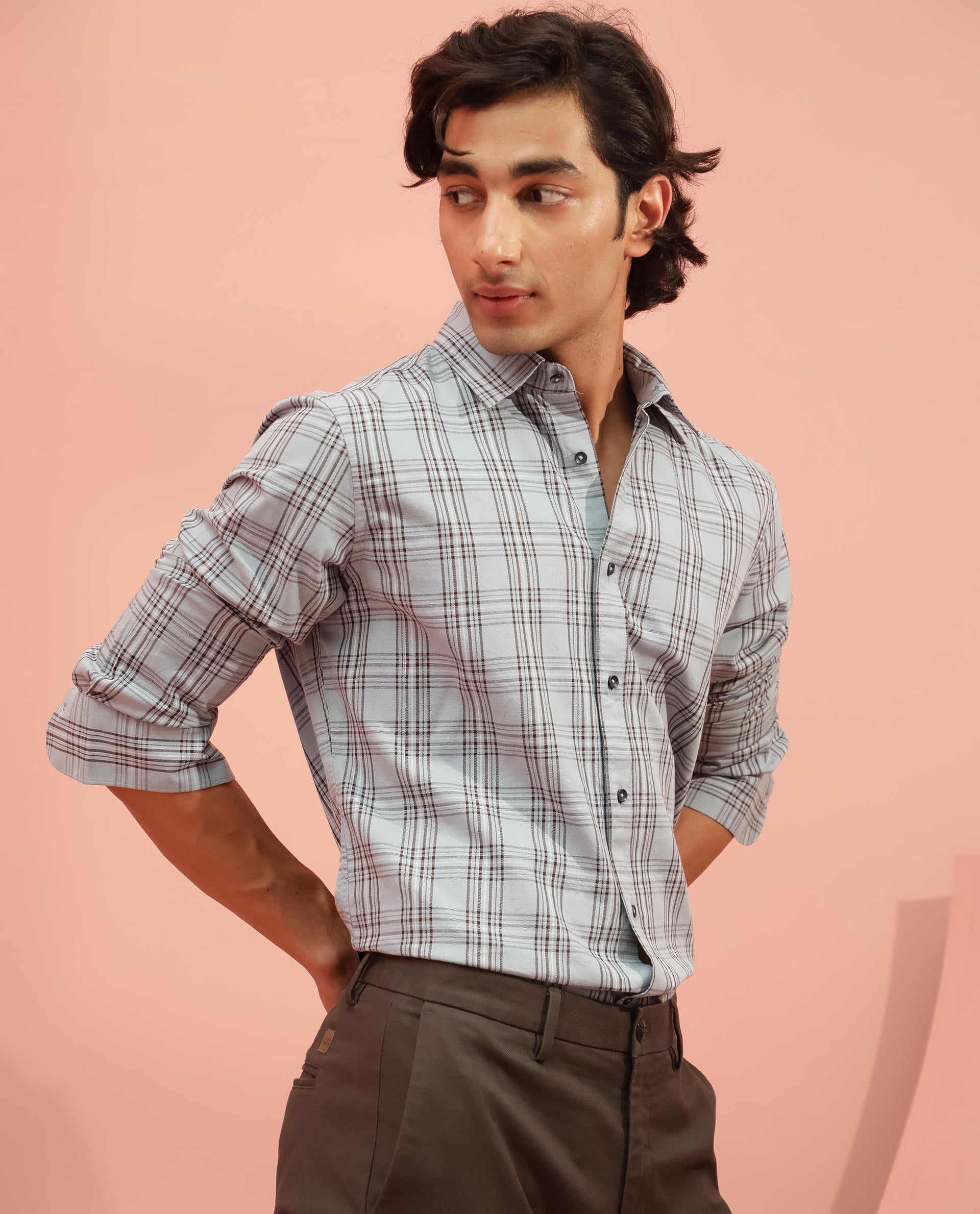 Rare Rabbit Men's Frazey Grey Cotton Fabric Full Sleeves Checks Shirt