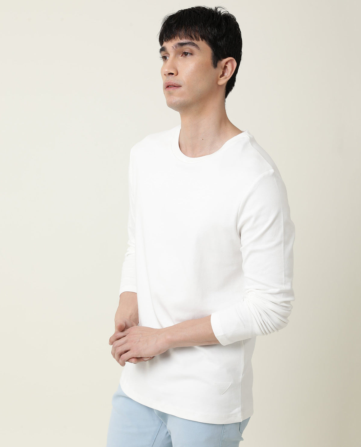Rare Rabbit Men's Full Off-White Solid Crew Neck Full Sleeve Slim Fit T-Shirt