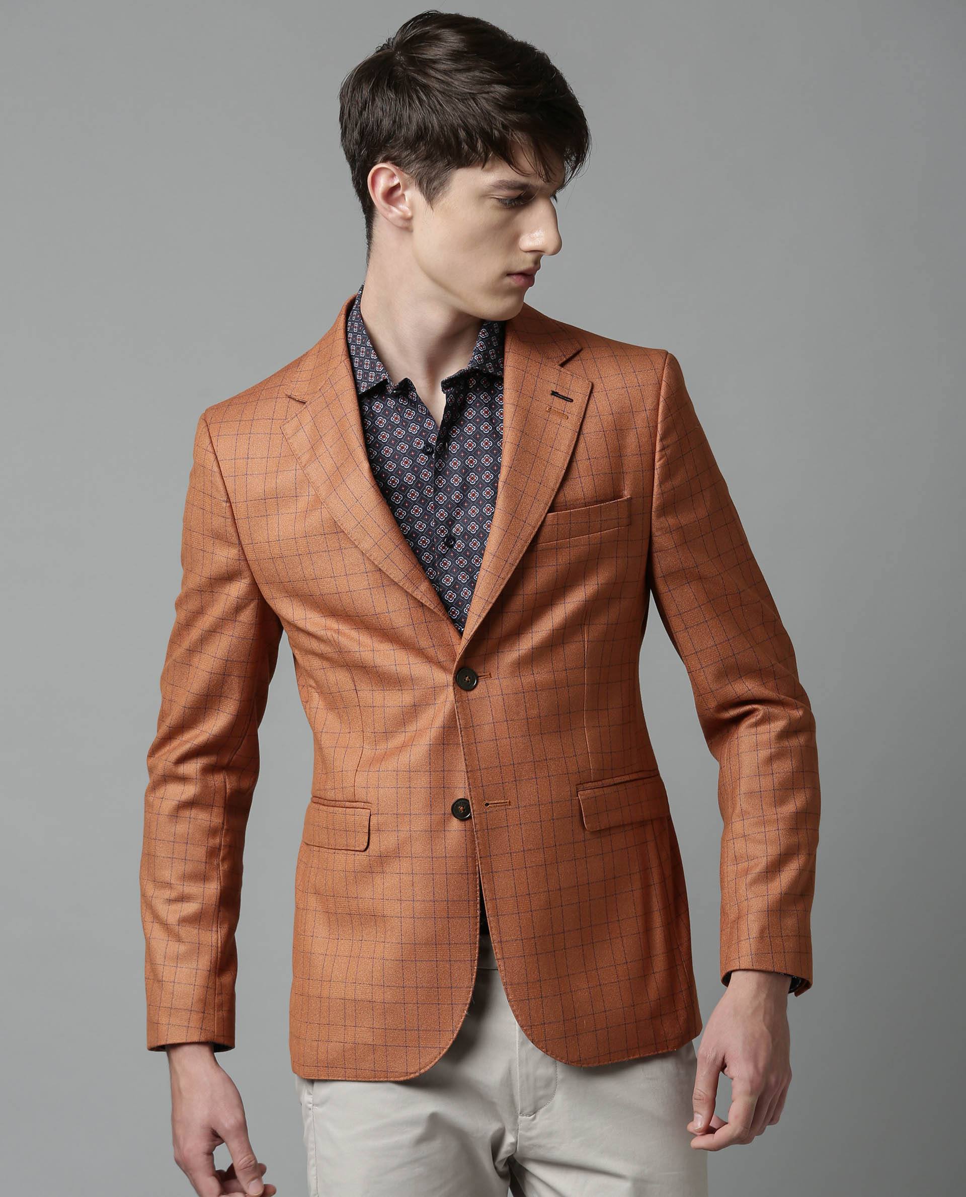 Rare Rabbit Men'S Rage Rust Blazer Full Sleeves Checks Slim Fit