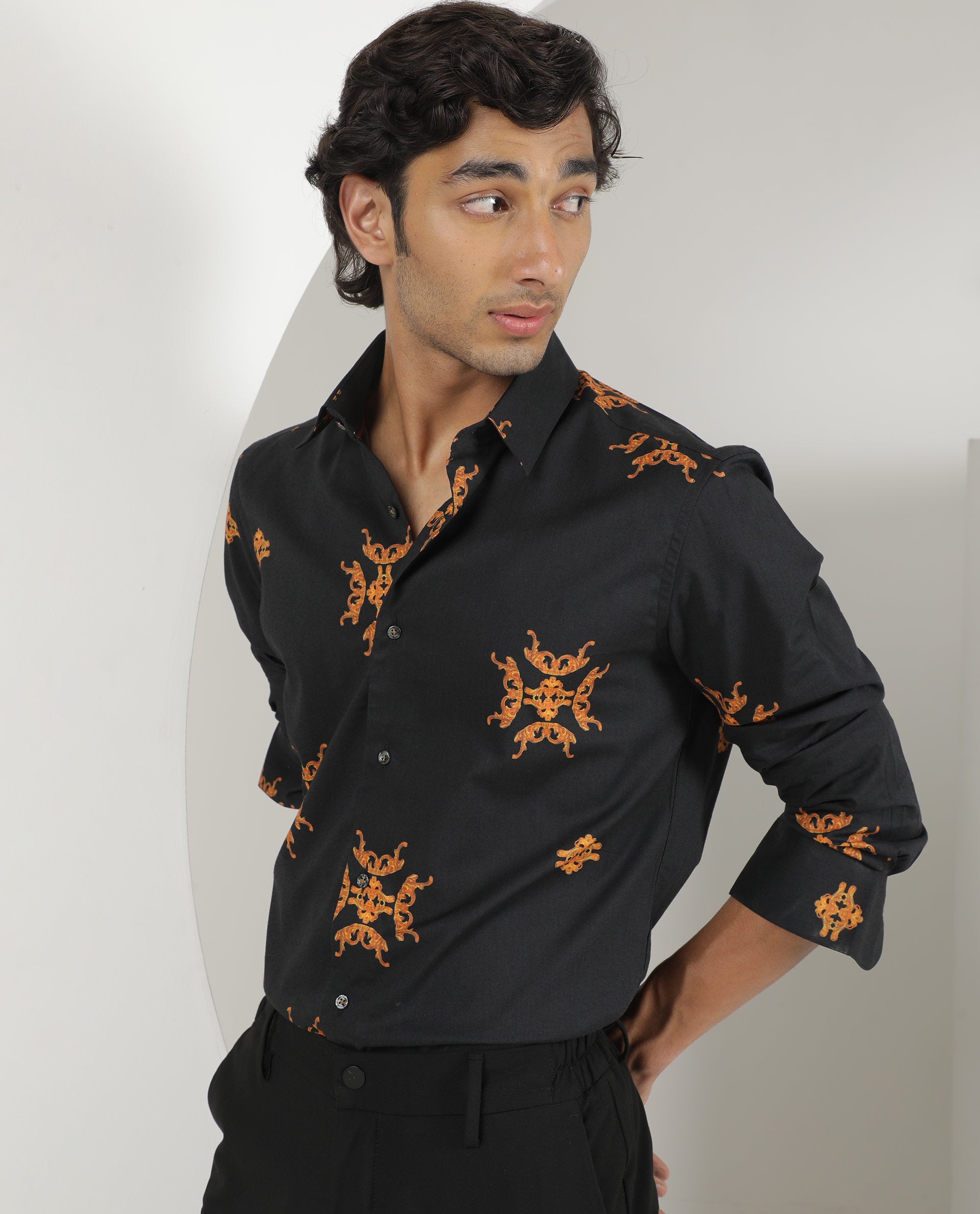 Rare Rabbit Men's Vicaroy Black Cotton Fabric Graphic Print Full Sleeves Shirt