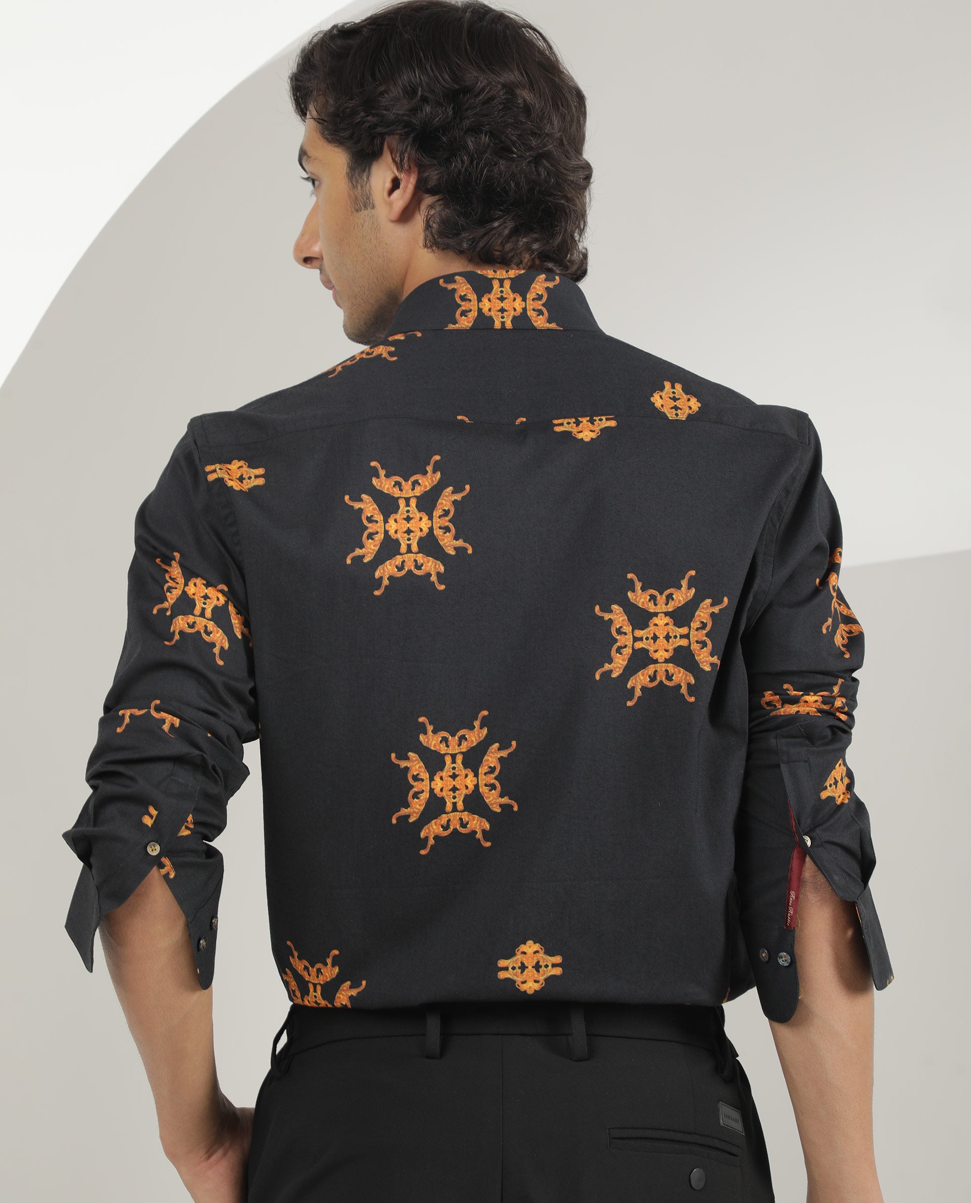 Rare Rabbit Men's Vicaroy Black Cotton Fabric Graphic Print Full Sleeves Shirt