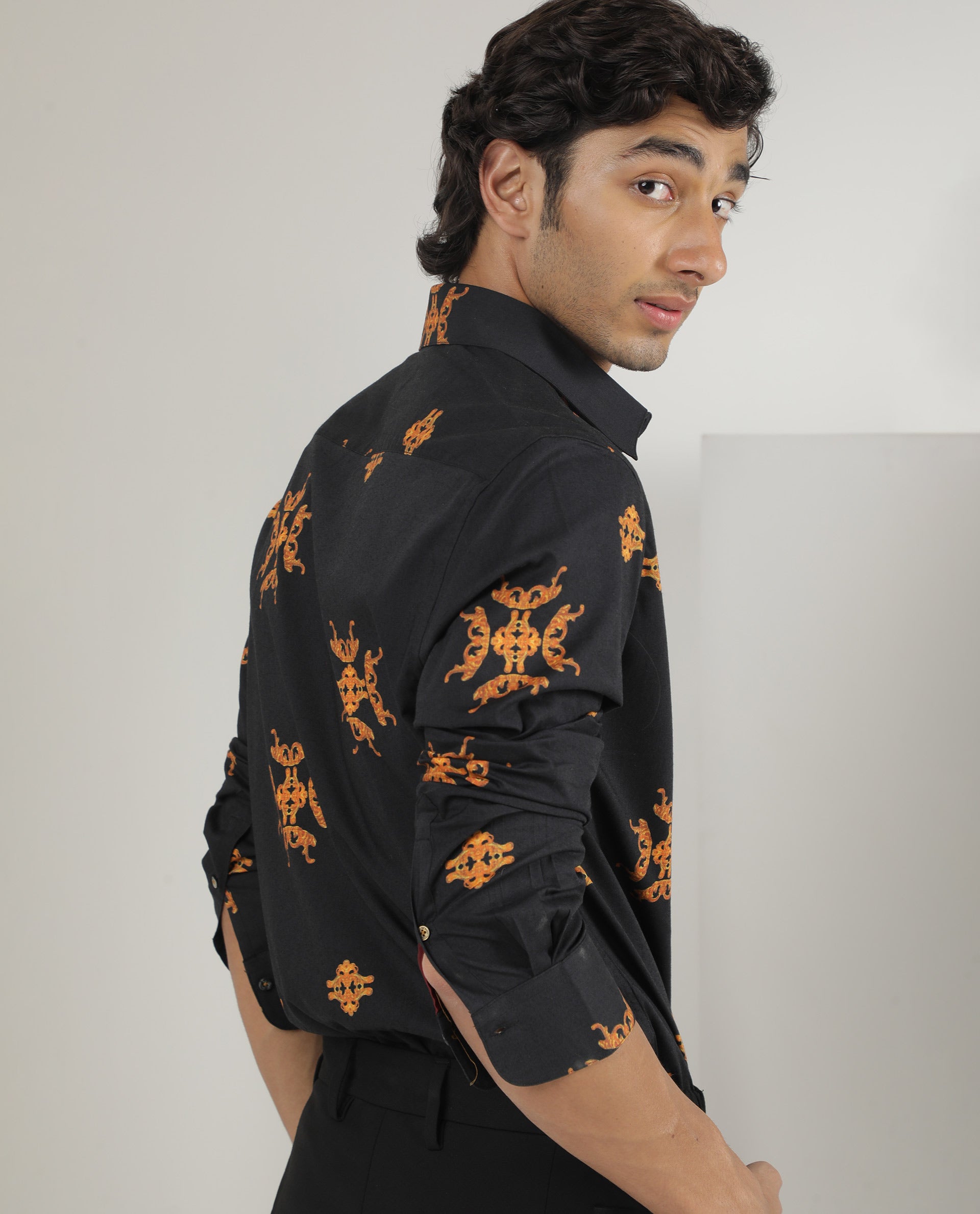 Rare Rabbit Men's Vicaroy Black Cotton Fabric Graphic Print Full Sleeves Shirt