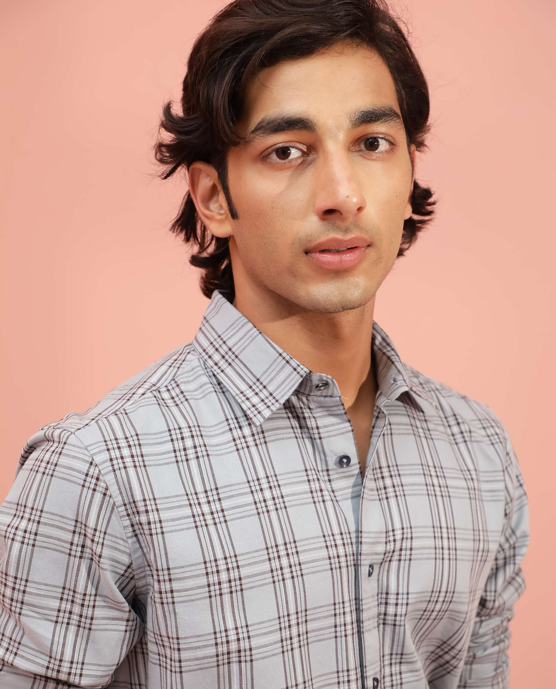 Rare Rabbit Men's Frazey Grey Cotton Fabric Full Sleeves Checks Shirt