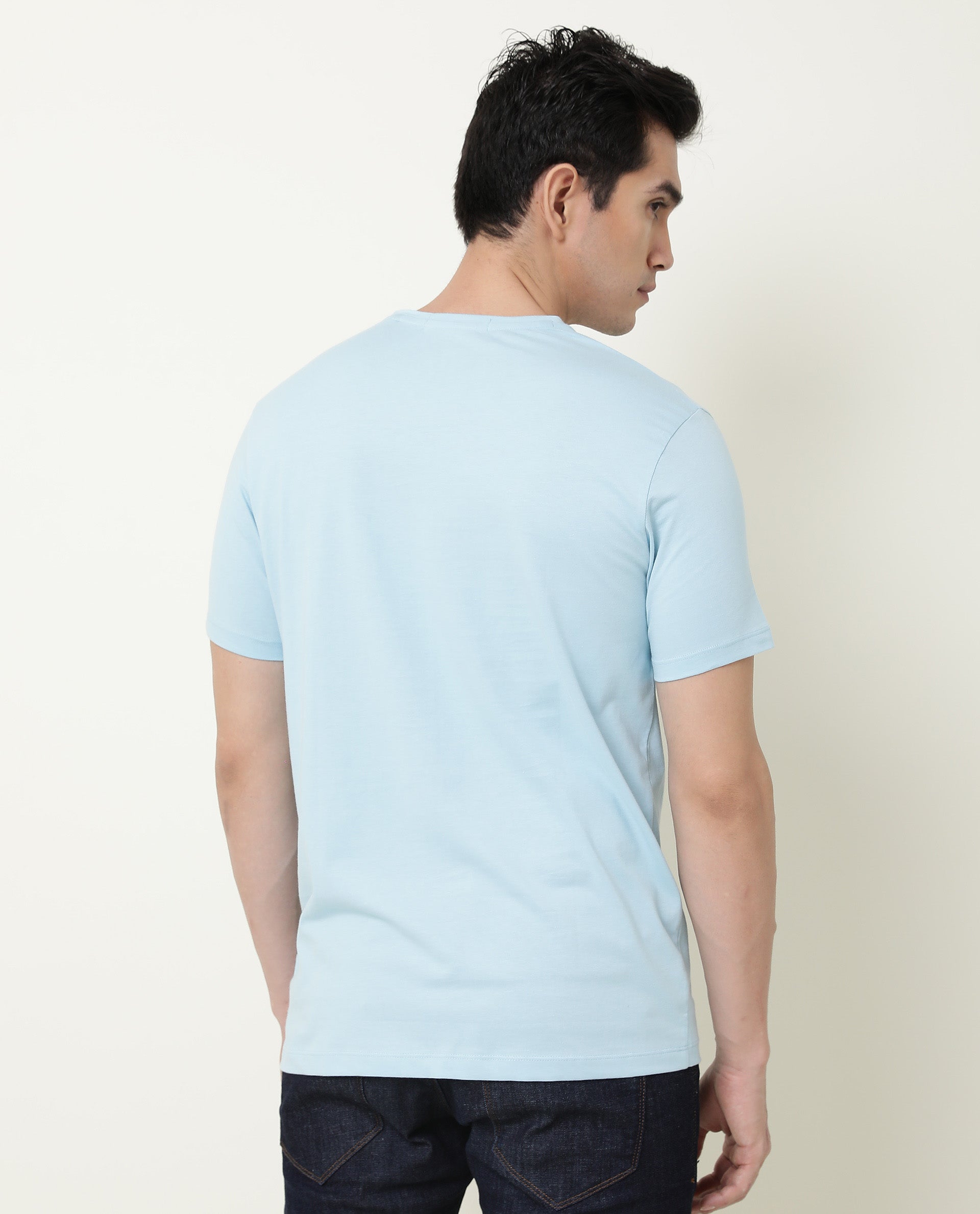 Rare Rabbit Men's Face Blue Crew Neck Discharge HD Graphic Print Half Sleeves Slim Fit T-Shirt