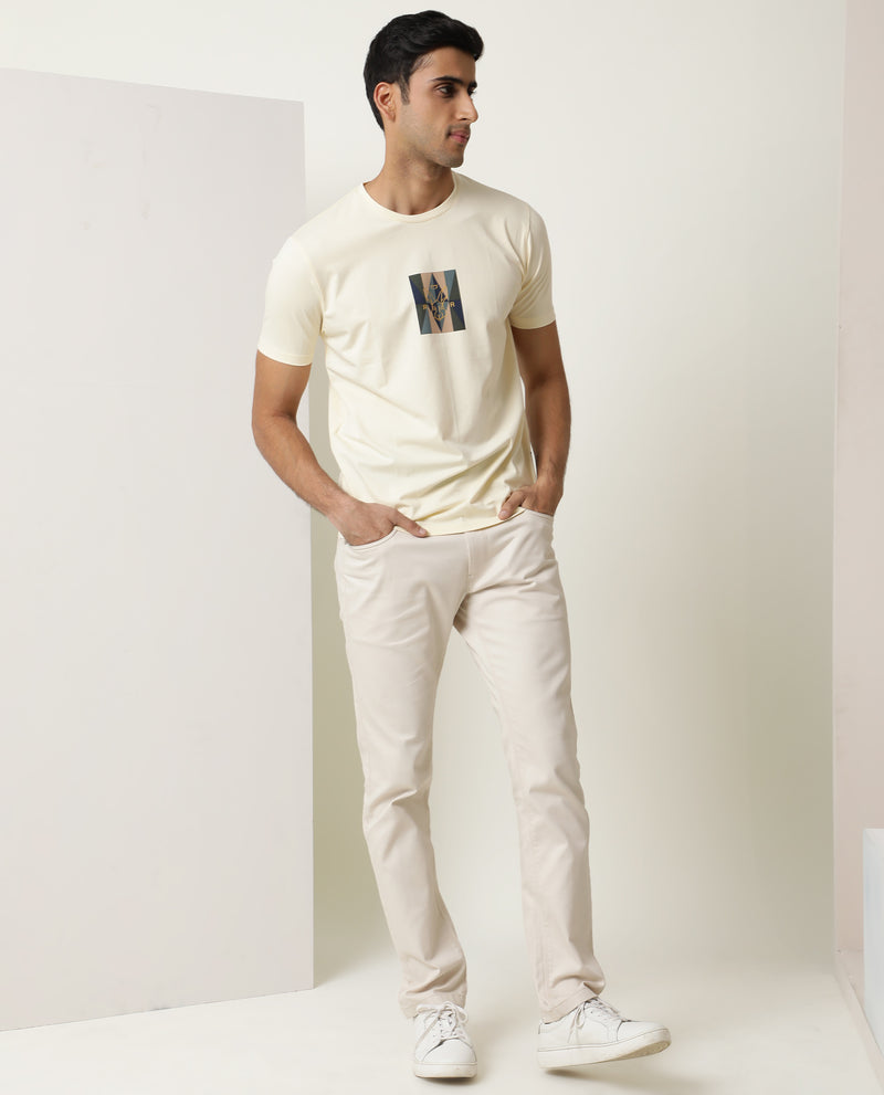 Rare Rabbit Mens Coast Yellow Cotton Lycra Fabric Crew Neck Half Sleeves Regular Fit Graphic Printed Logo T-Shirt
