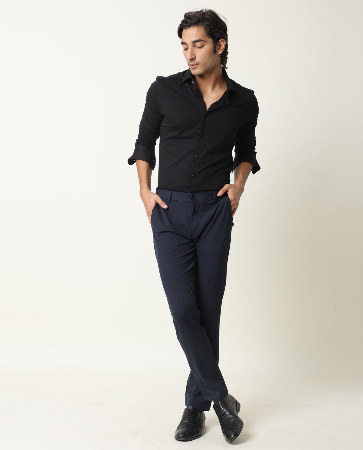 RARE RABBIT MEN'S VERTICAL BLACK SHIRT COTTON FABRIC COLLARED NECK FULL SLEEVES BUTTON CLOSURE SLIM FIT