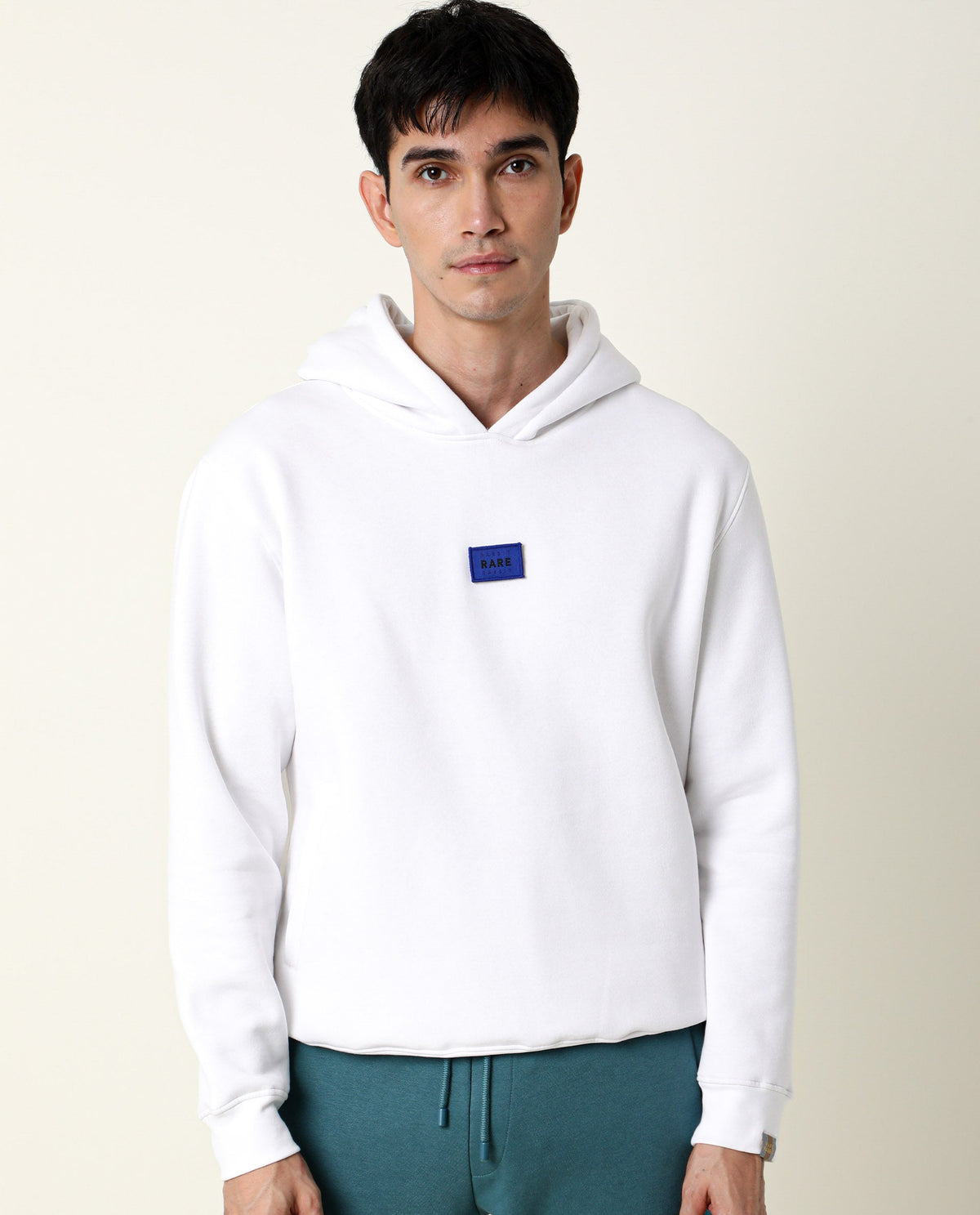Rare Rabbit Men's Indo White Cotton Polyester Fabric Full Sleeves Detachable Badge Hooded Sweatshirt