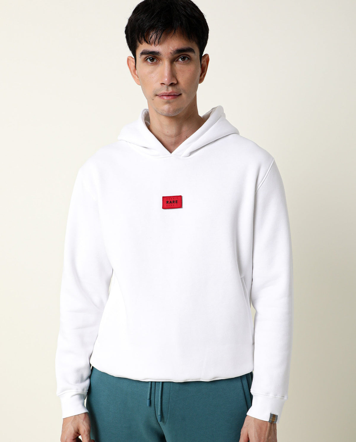 Rare Rabbit Men's Indo White Cotton Polyester Fabric Full Sleeves Detachable Badge Hooded Sweatshirt