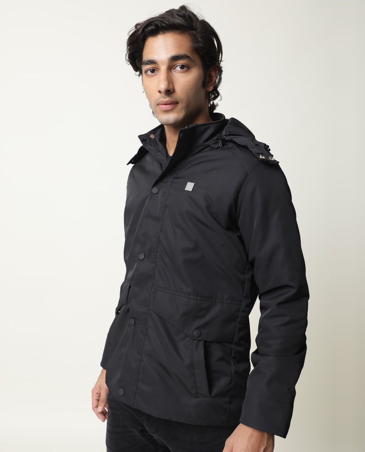 Rare Rabbit Mens Venue Primary Black Jacket Polyester Fabric Full Sleeve Hooded Slim Fit