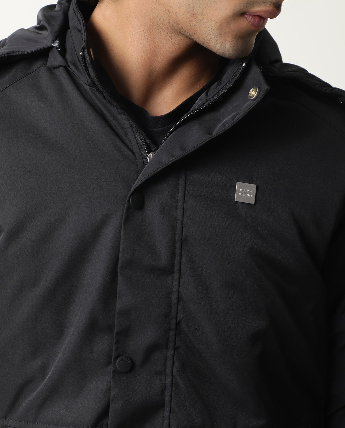 Rare Rabbit Mens Venue Primary Black Jacket Polyester Fabric Full Sleeve Hooded Slim Fit