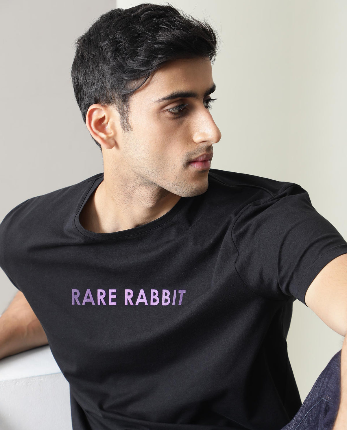 Rare Rabbit Men's Grady Black Crew Neck HD Print Branding Half Sleeves Regular Fit T-Shirt
