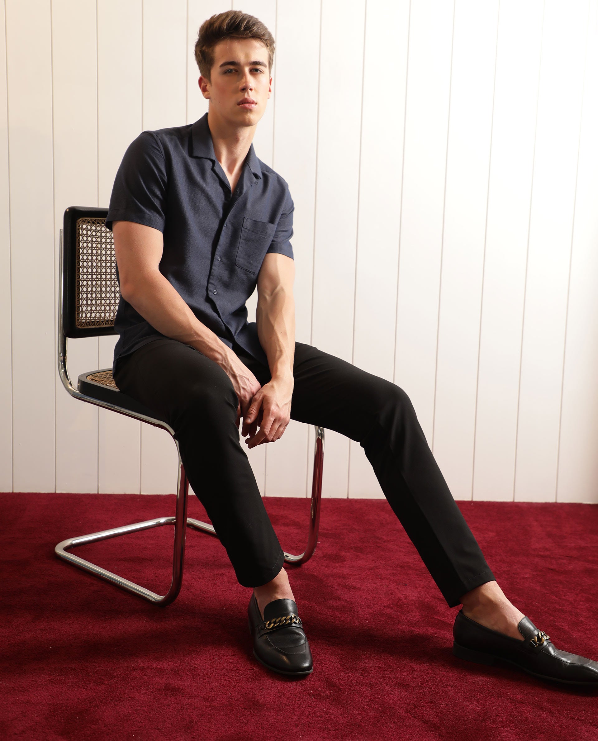 Rare Rabbit Men's Land Navy Cotton Fabric Cuban Collar Half Sleeves Knit Shirt