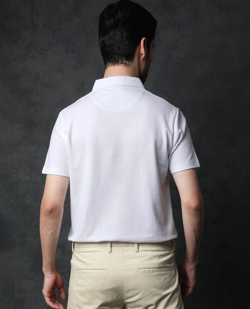 Rare Rabbit Men's Prin White Cotton Fabric Collared Neck Zipper Closure Half Sleeves Polo T-Shirt