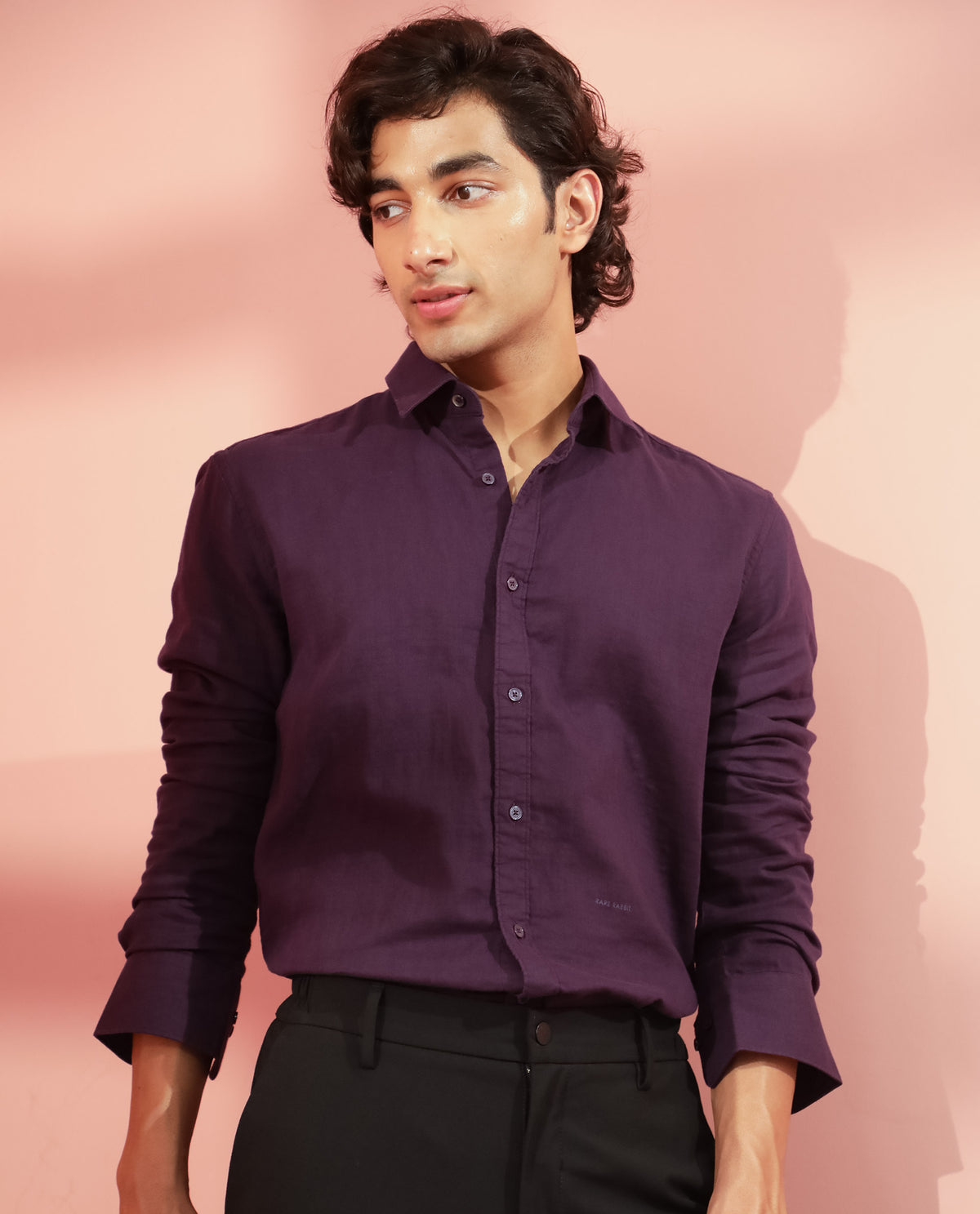 Rare Rabbit Men's Layerr Dark Purple Cotton Fabric Full Sleeves Solid Shirt