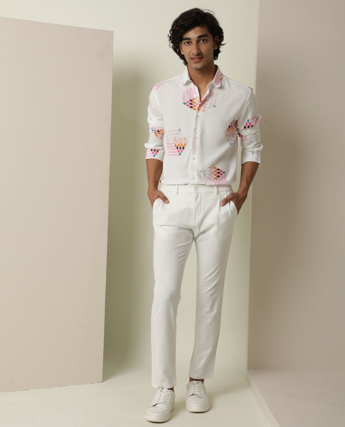 Rare Rabbit Men's Primet White Viscose Fabric Geometric Print Full Sleeves Shirt