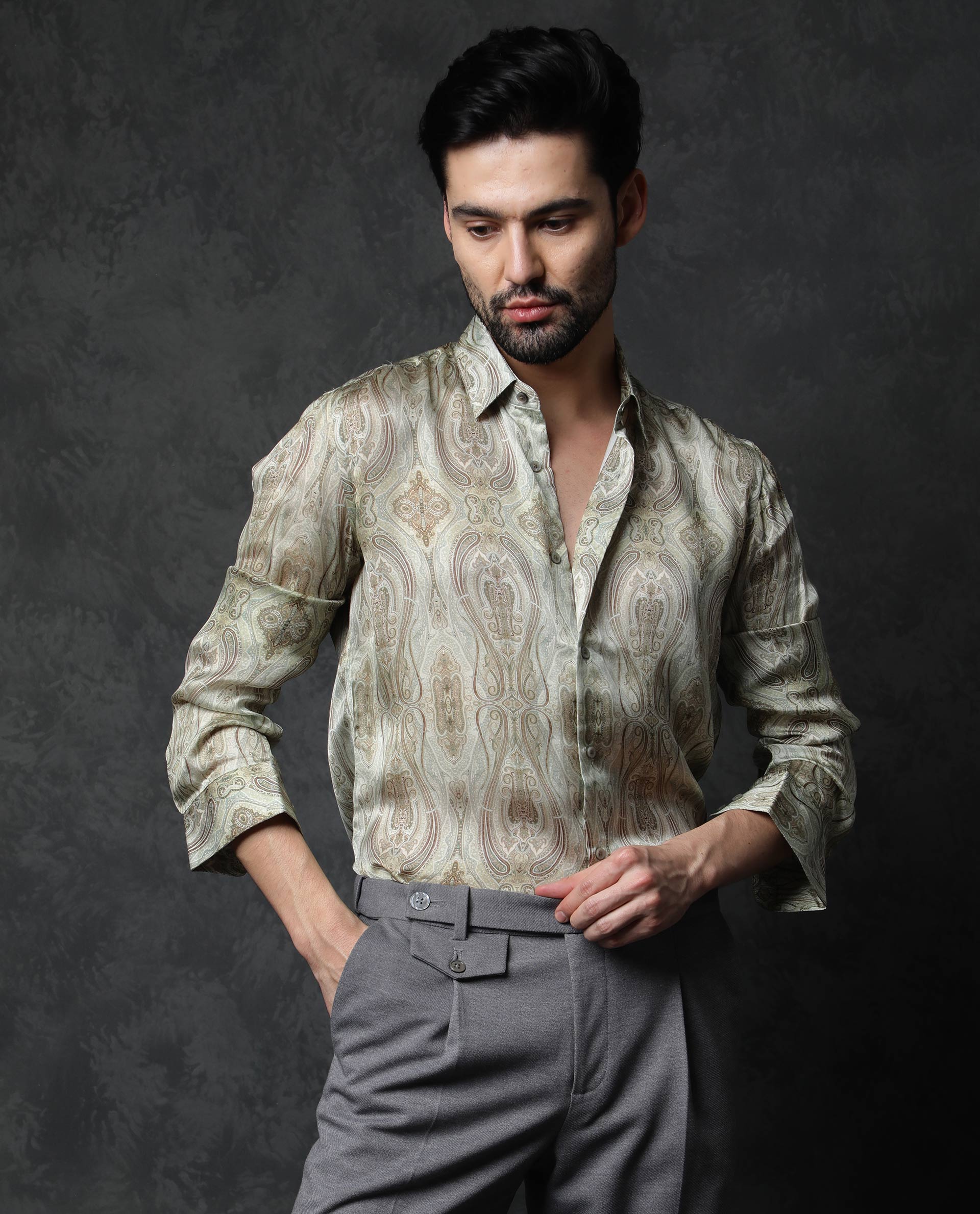 Rare Rabbit Men's Fable Light Olive Satin Paisley Print Full Sleeves Shirt