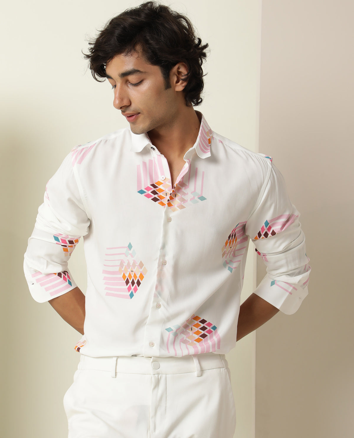 Rare Rabbit Men's Primet White Viscose Fabric Geometric Print Full Sleeves Shirt