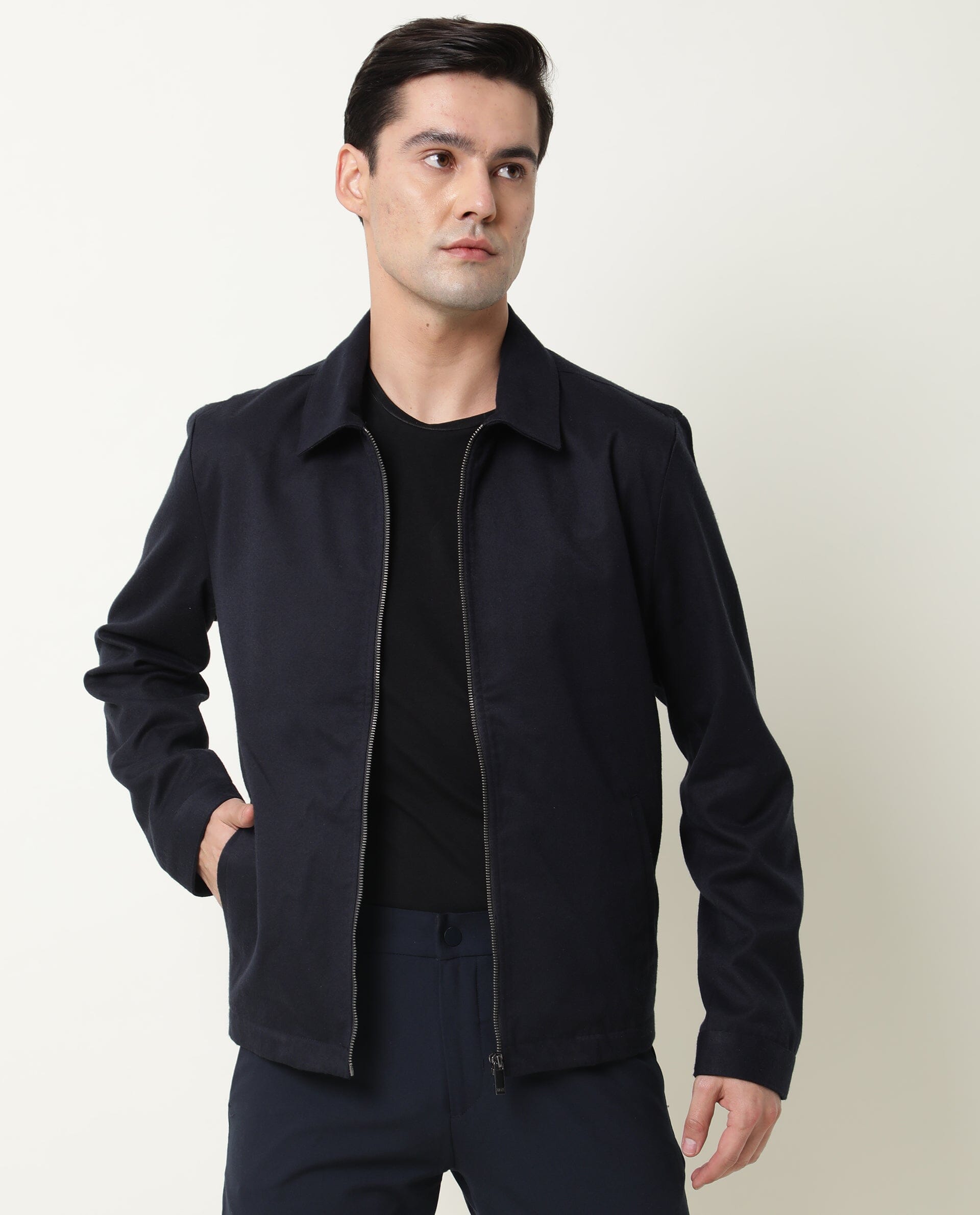 RARE RABBIT MEN'S MILKEN NAVY JACKET COTTON VISCOSE FABRIC COLLARED NECK FULL SLEEVES ZIPPER CLOSURE SLIM FIT