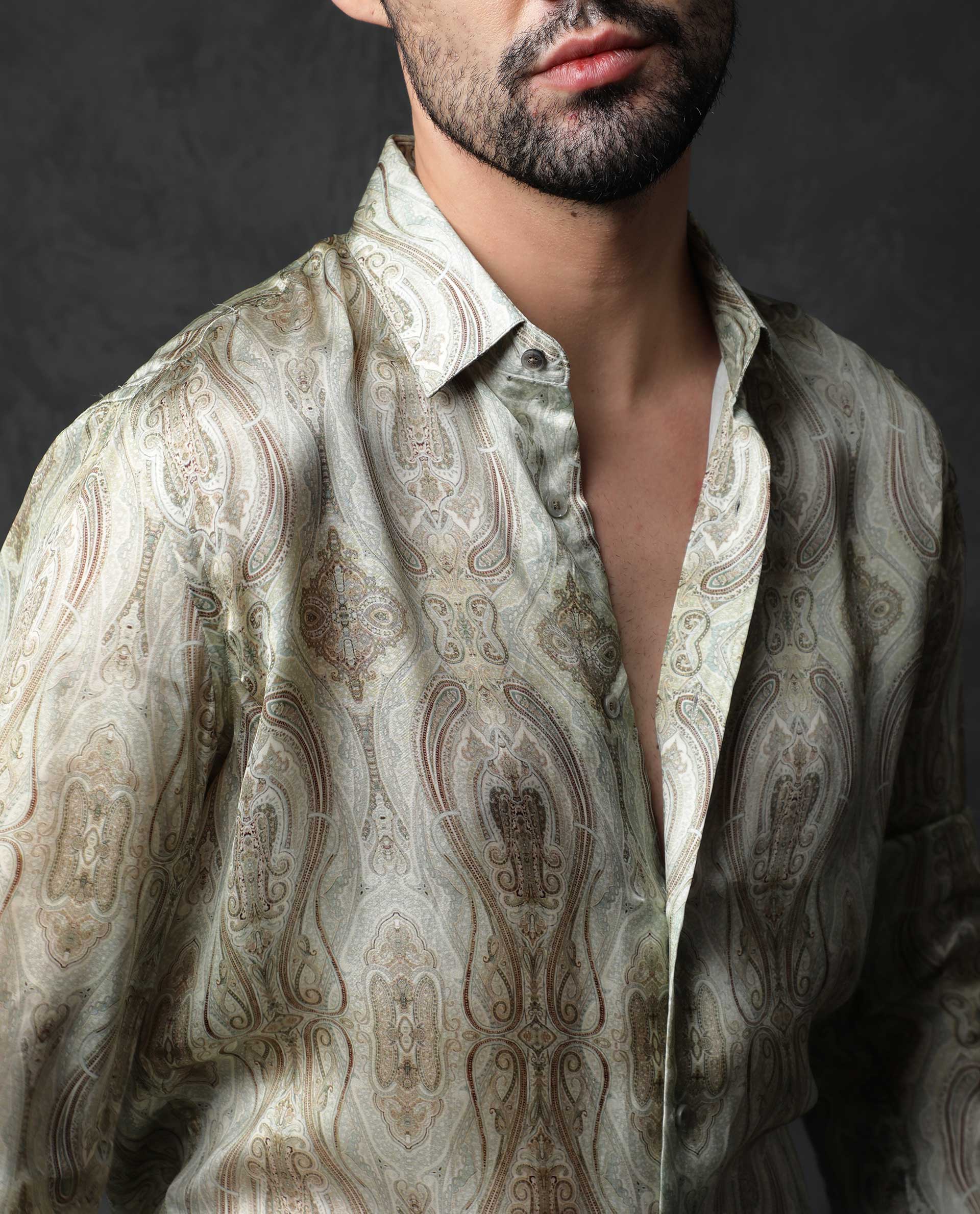 Rare Rabbit Men's Fable Light Olive Satin Paisley Print Full Sleeves Shirt