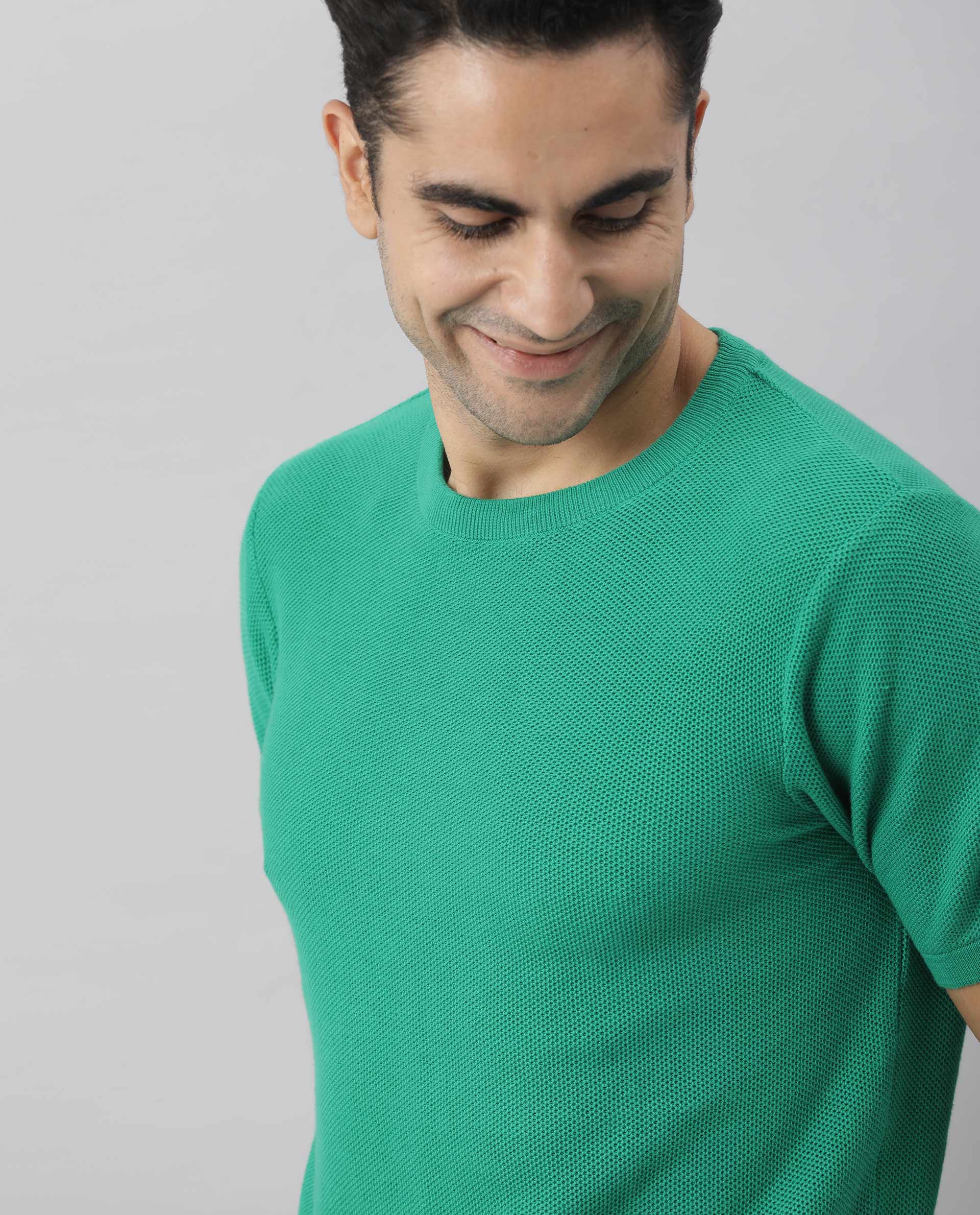 Rare Rabbit Men's Clue Green Solid Crew Neck Popcorn Textured Half Sleeves T-Shirt