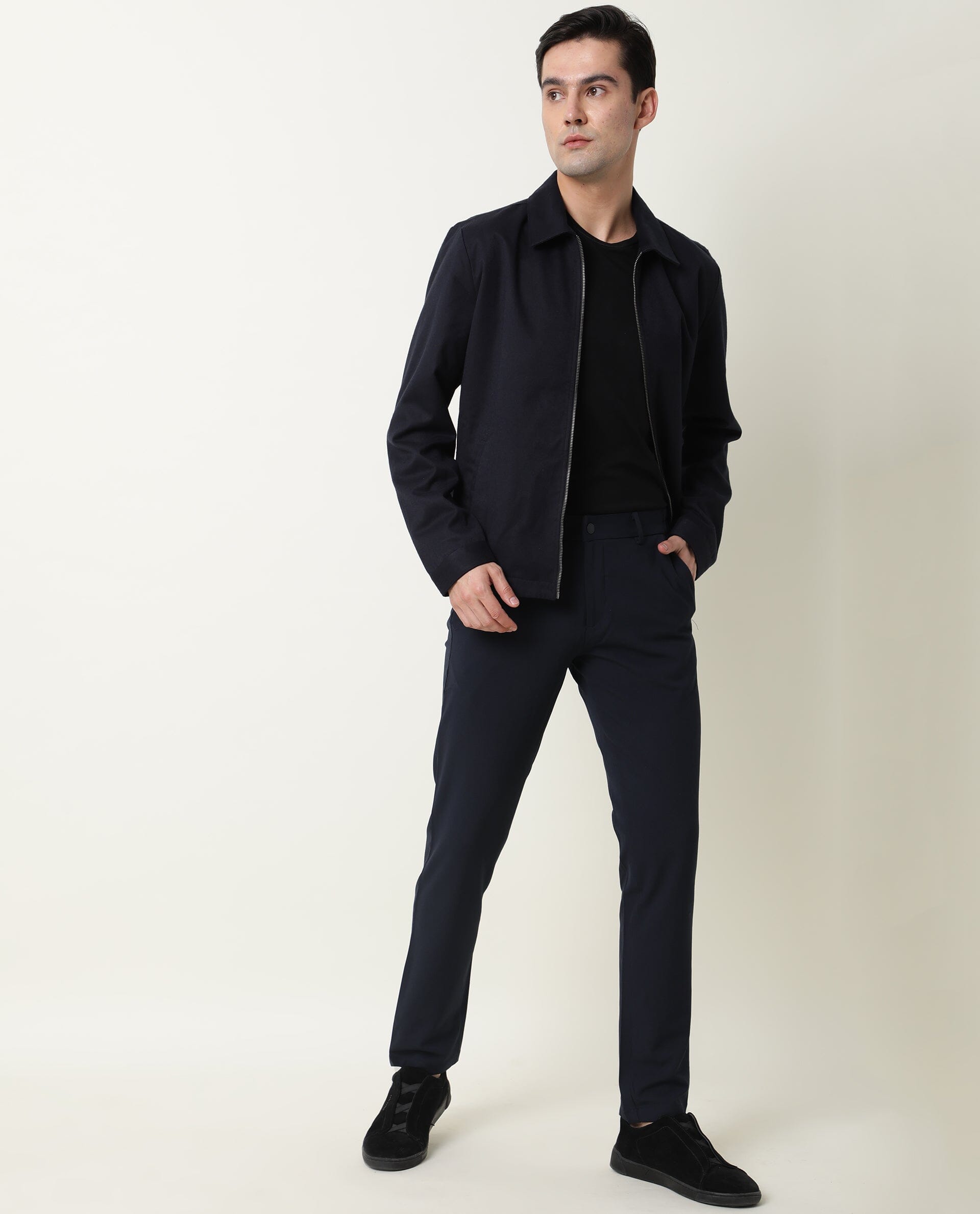 RARE RABBIT MEN'S MILKEN NAVY JACKET COTTON VISCOSE FABRIC COLLARED NECK FULL SLEEVES ZIPPER CLOSURE SLIM FIT
