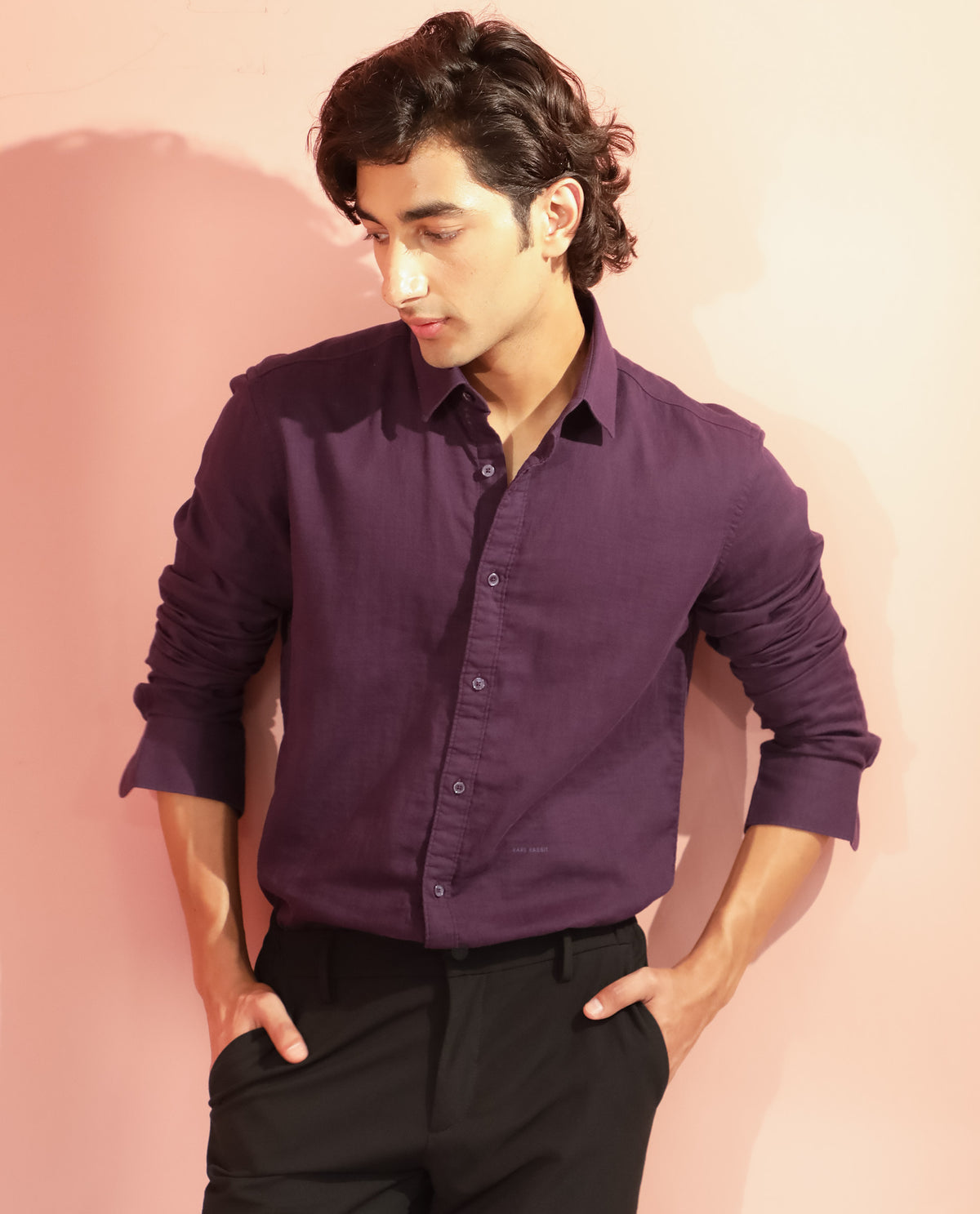 Rare Rabbit Men's Layerr Dark Purple Cotton Fabric Full Sleeves Solid Shirt