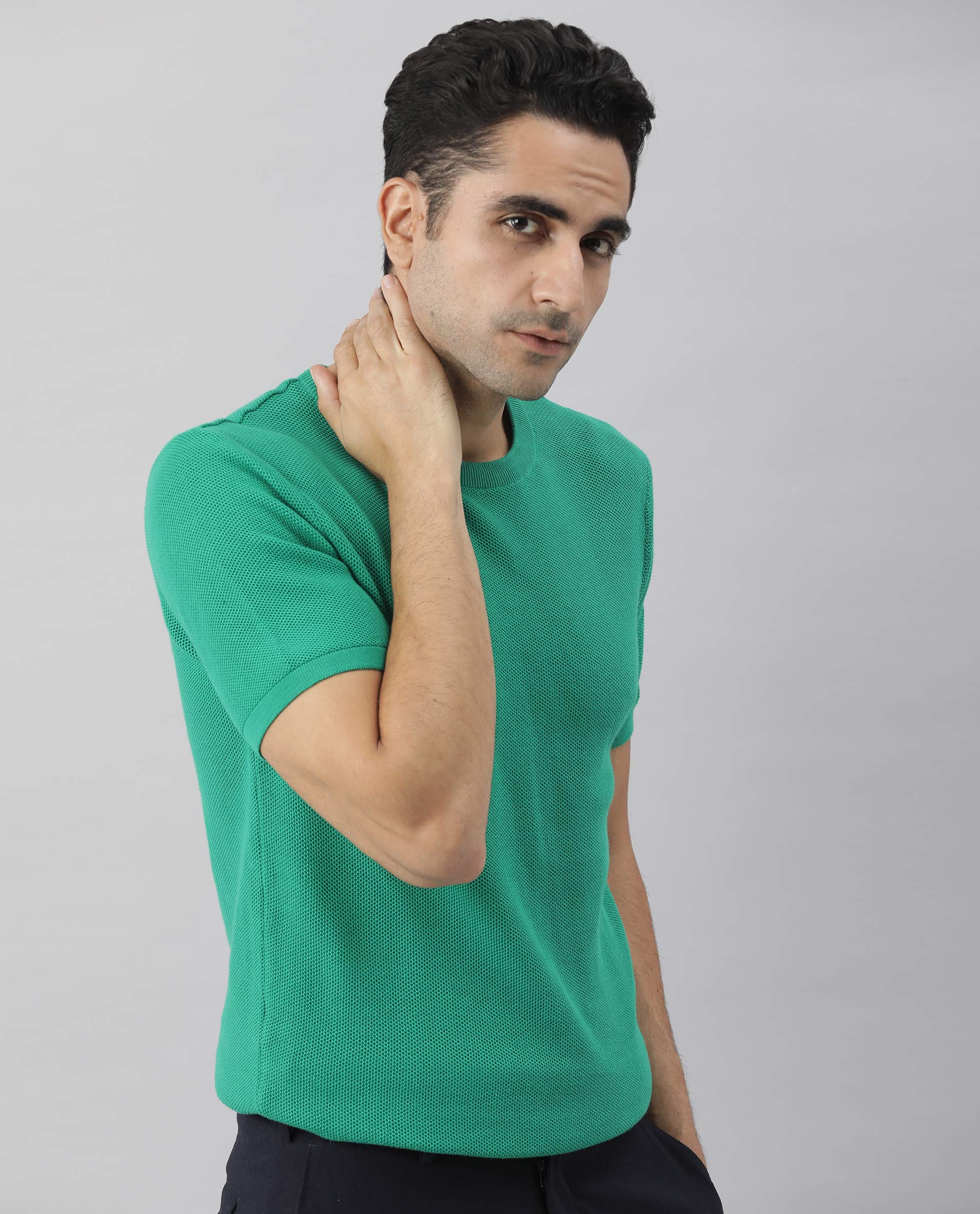 Rare Rabbit Men's Clue Green Solid Crew Neck Popcorn Textured Half Sleeves T-Shirt