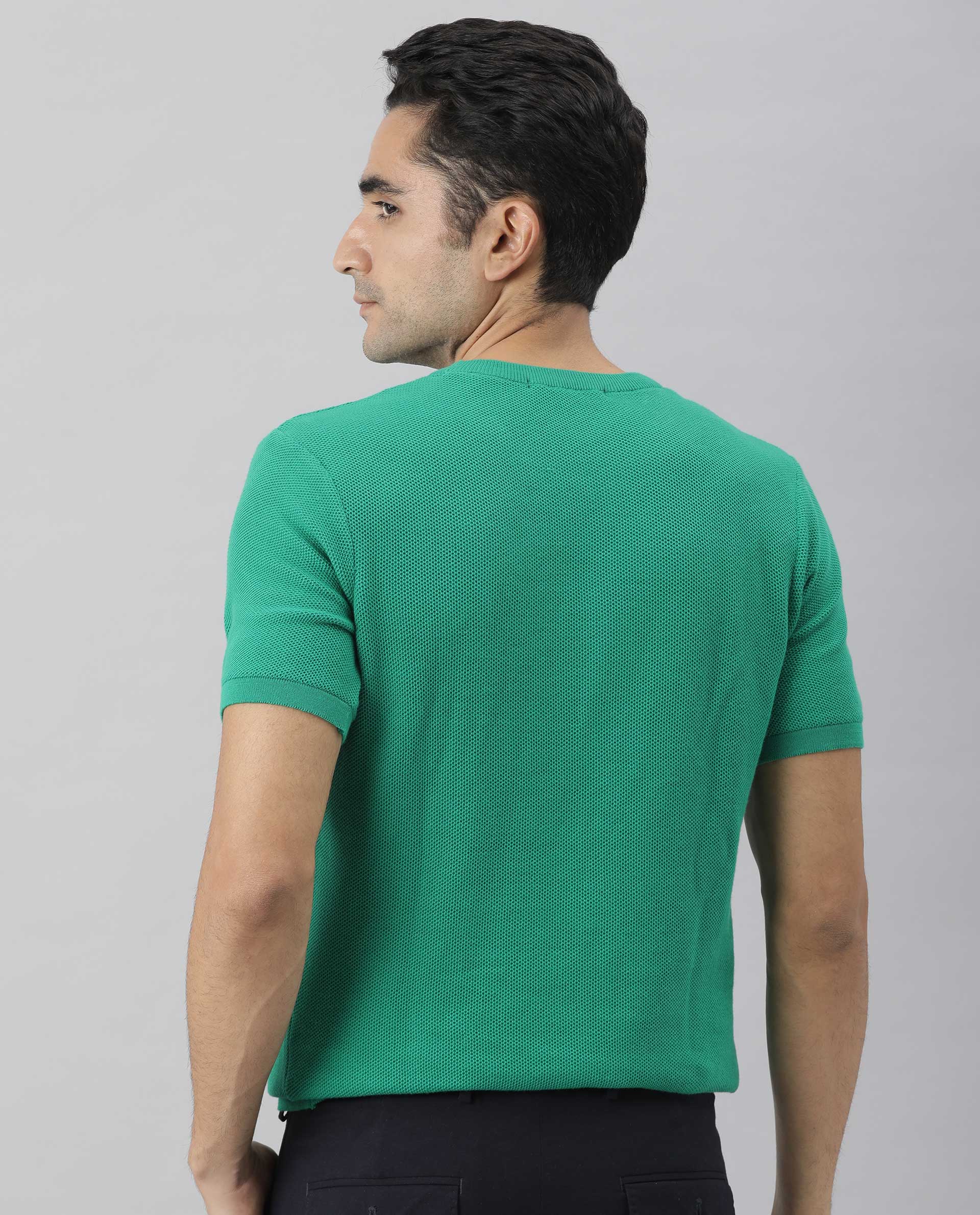 Rare Rabbit Men's Clue Green Solid Crew Neck Popcorn Textured Half Sleeves T-Shirt