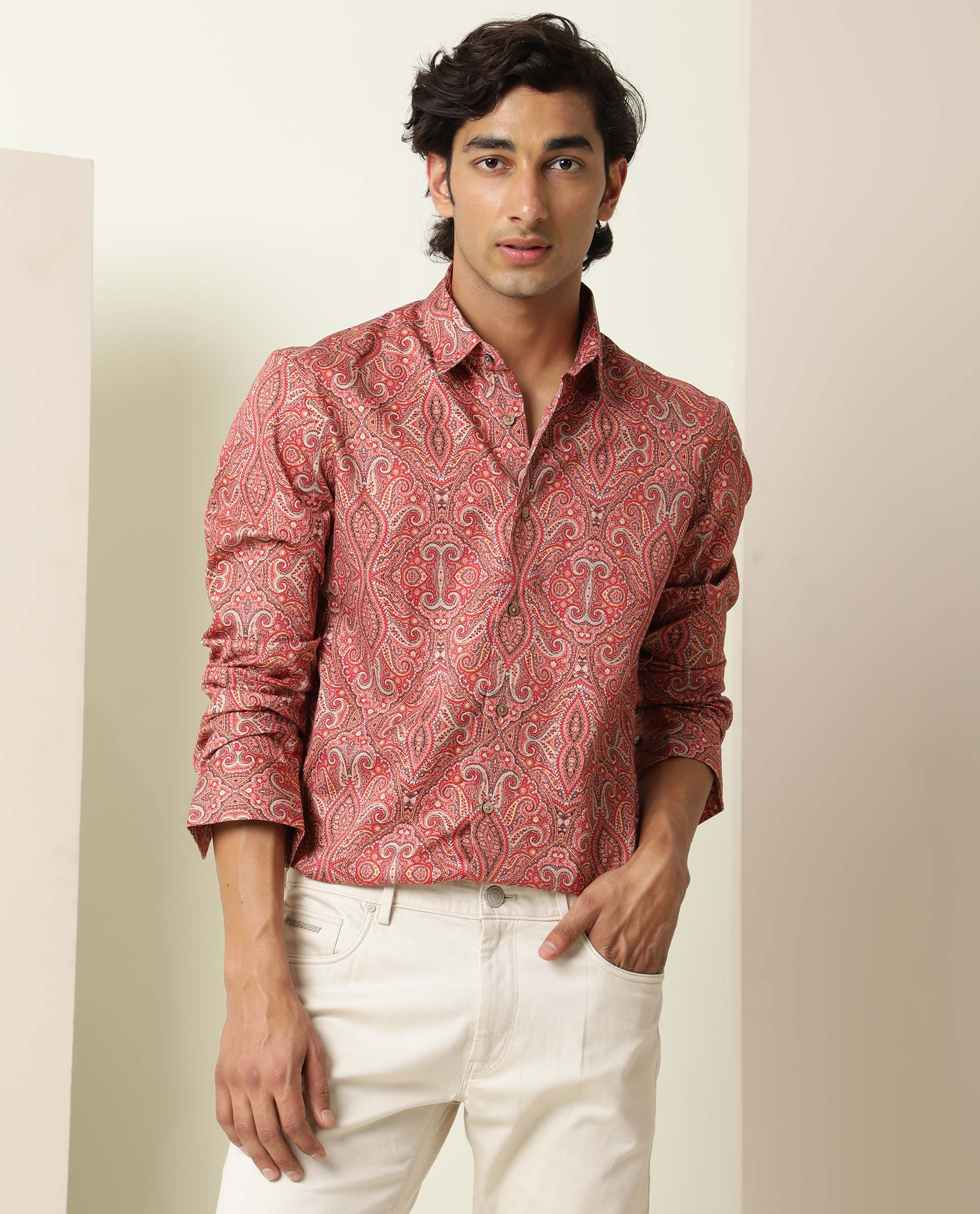 Rare Rabbit Men's Moire Red Cotton Fabric Paisley Print Full Sleeves Shirt