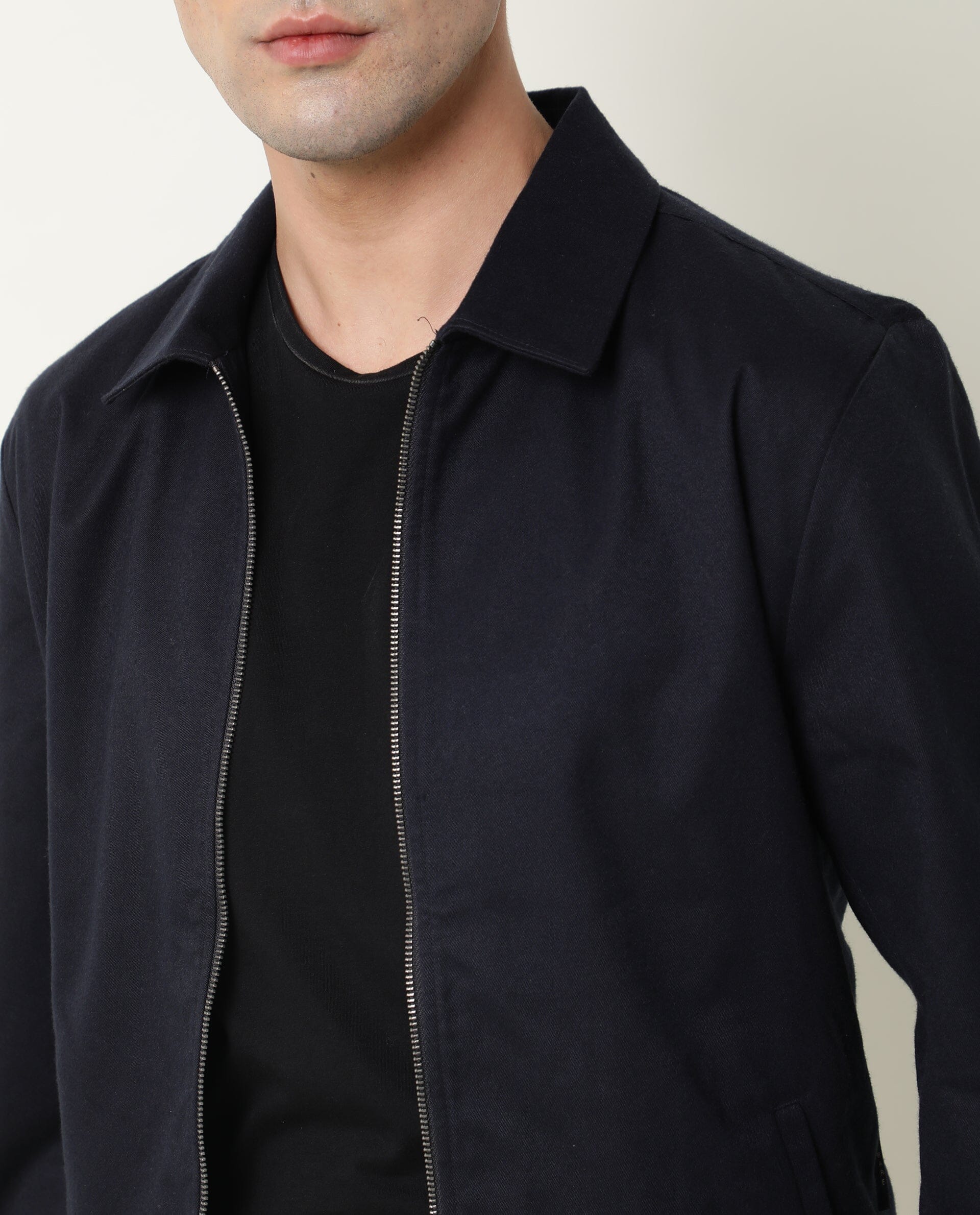 RARE RABBIT MEN'S MILKEN NAVY JACKET COTTON VISCOSE FABRIC COLLARED NECK FULL SLEEVES ZIPPER CLOSURE SLIM FIT