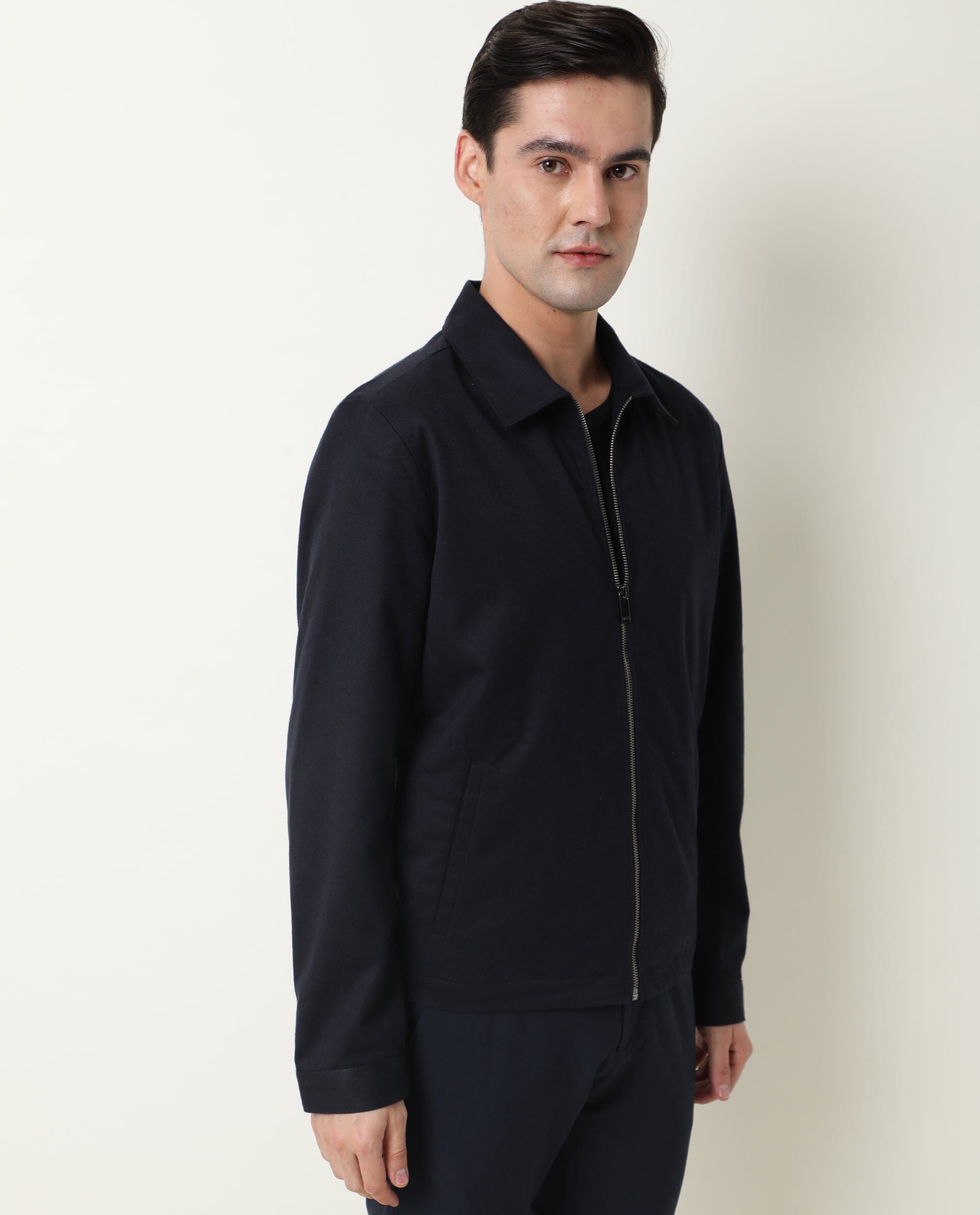 RARE RABBIT MEN'S MILKEN NAVY JACKET COTTON VISCOSE FABRIC COLLARED NECK FULL SLEEVES ZIPPER CLOSURE SLIM FIT
