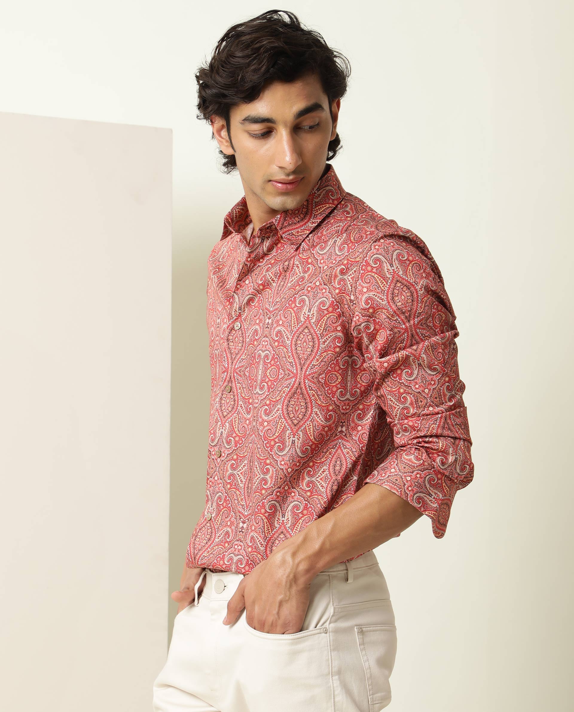 Rare Rabbit Men's Moire Red Cotton Fabric Paisley Print Full Sleeves Shirt