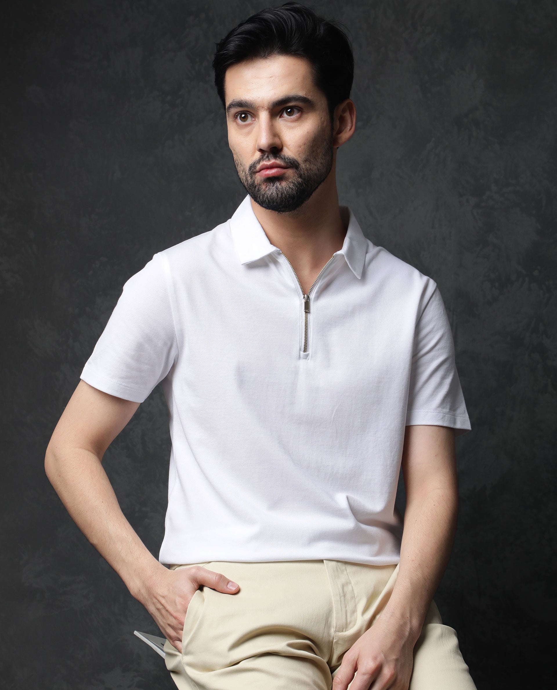 White polo with discount zip