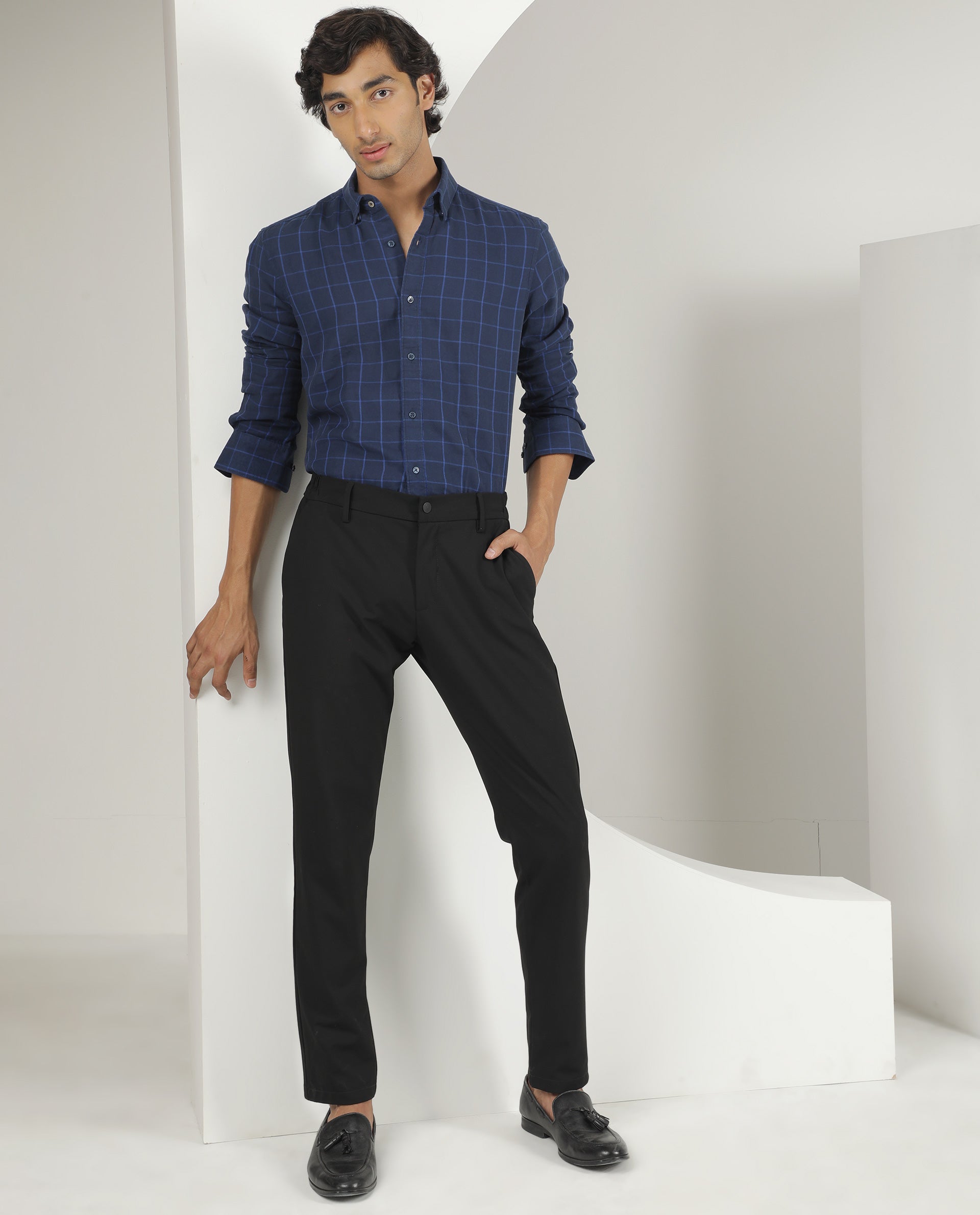 Rare Rabbit Men's Clara Navy Cotton Fabric Full Sleeves Checks Shirt