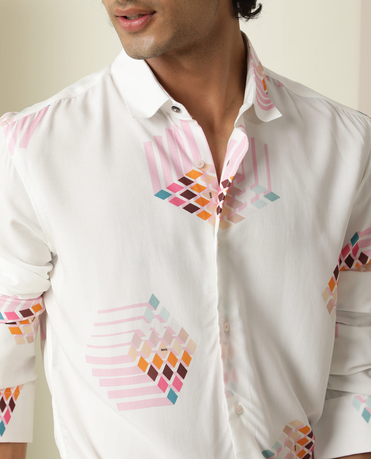Rare Rabbit Men's Primet White Viscose Fabric Geometric Print Full Sleeves Shirt