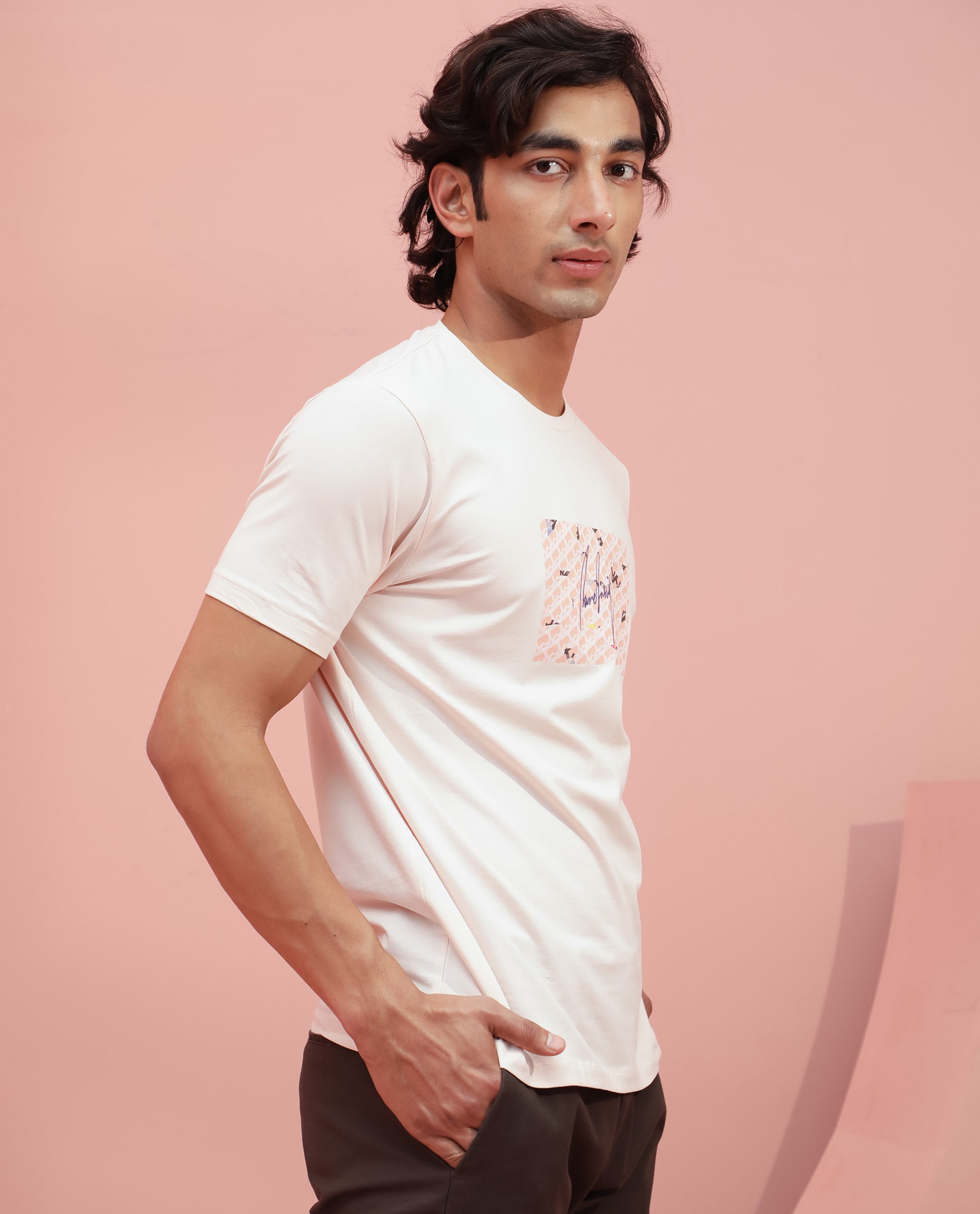 Rare Rabbit Men's Antile Peach Cotton Lycra Fabric Crew Neck Half Sleeves Regular Fit Graphic Print Monogram T-Shirt