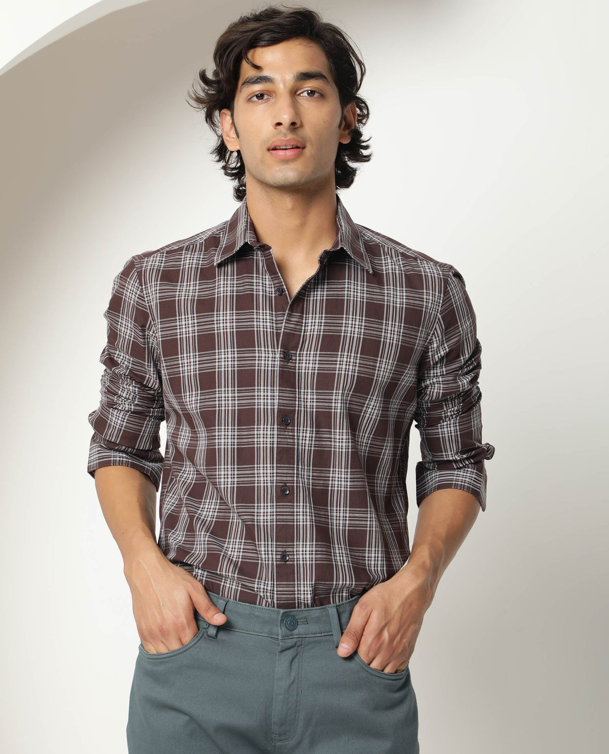 Rare Rabbit Men's Frazey Brown Cotton Fabric Full Sleeves Checks Shirt