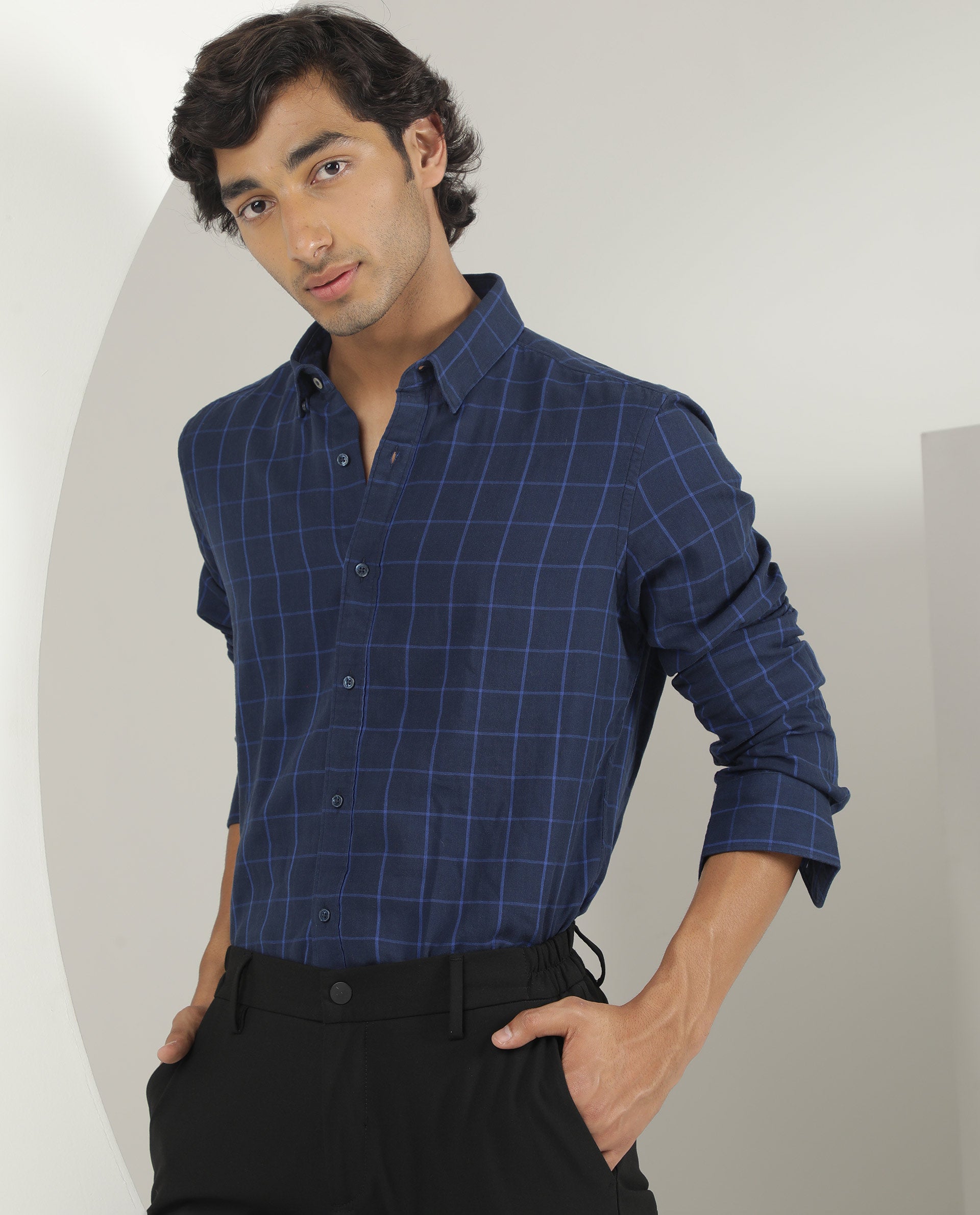 Rare Rabbit Men's Clara Navy Cotton Fabric Full Sleeves Checks Shirt