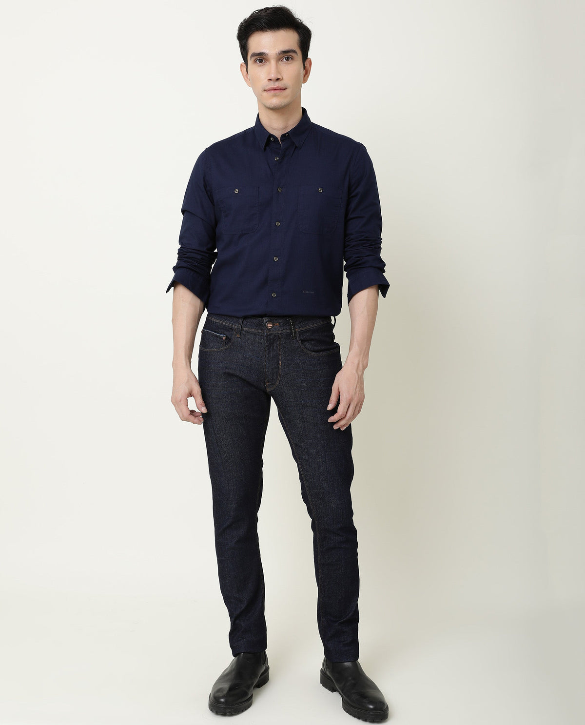 RARE RABBIT HARRINBONE PRIMARY NAVY SHIRT COTTON FABRIC FULL SLEEVE SPREAD COLLAR SLIM FIT