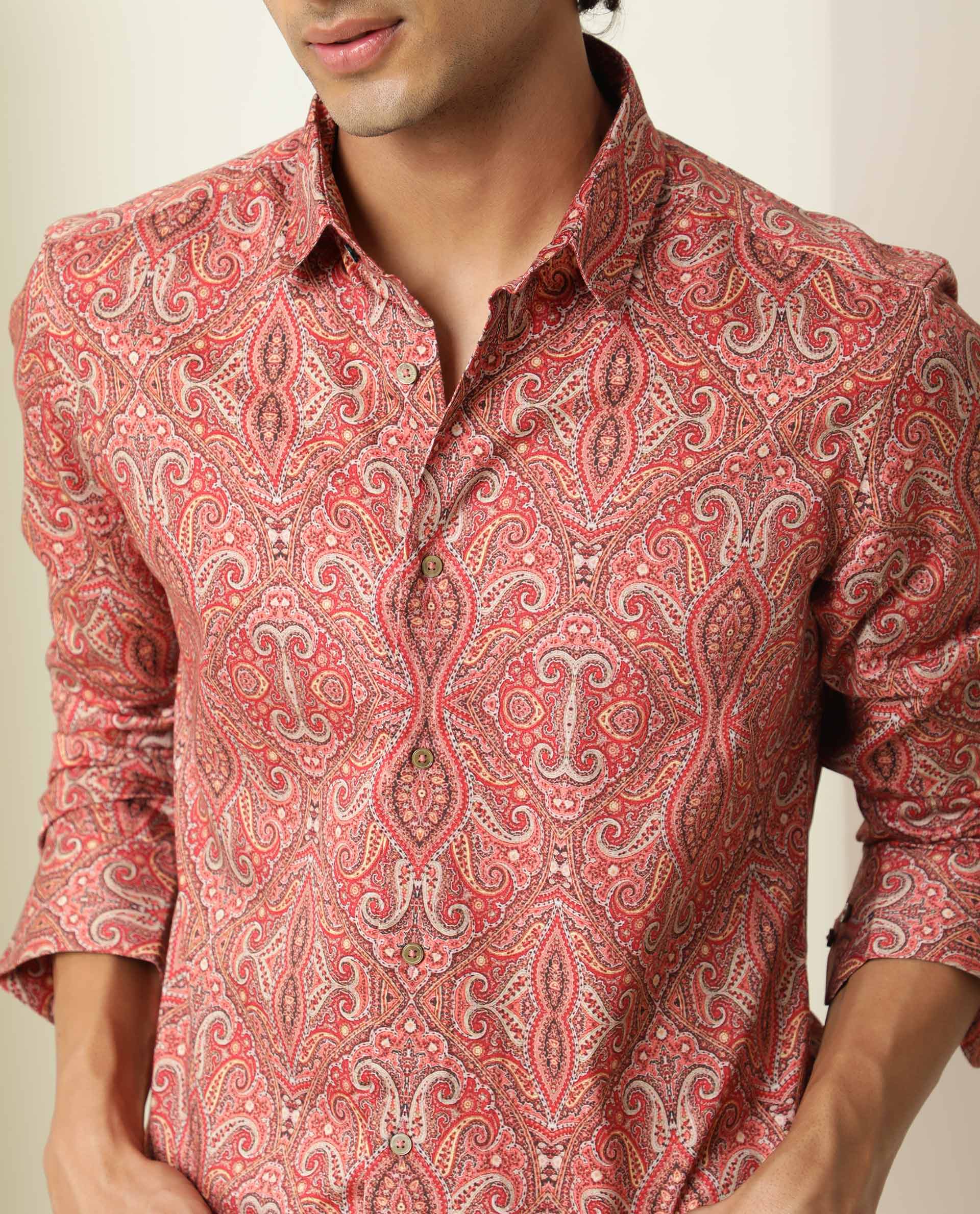 Rare Rabbit Men's Moire Red Cotton Fabric Paisley Print Full Sleeves Shirt