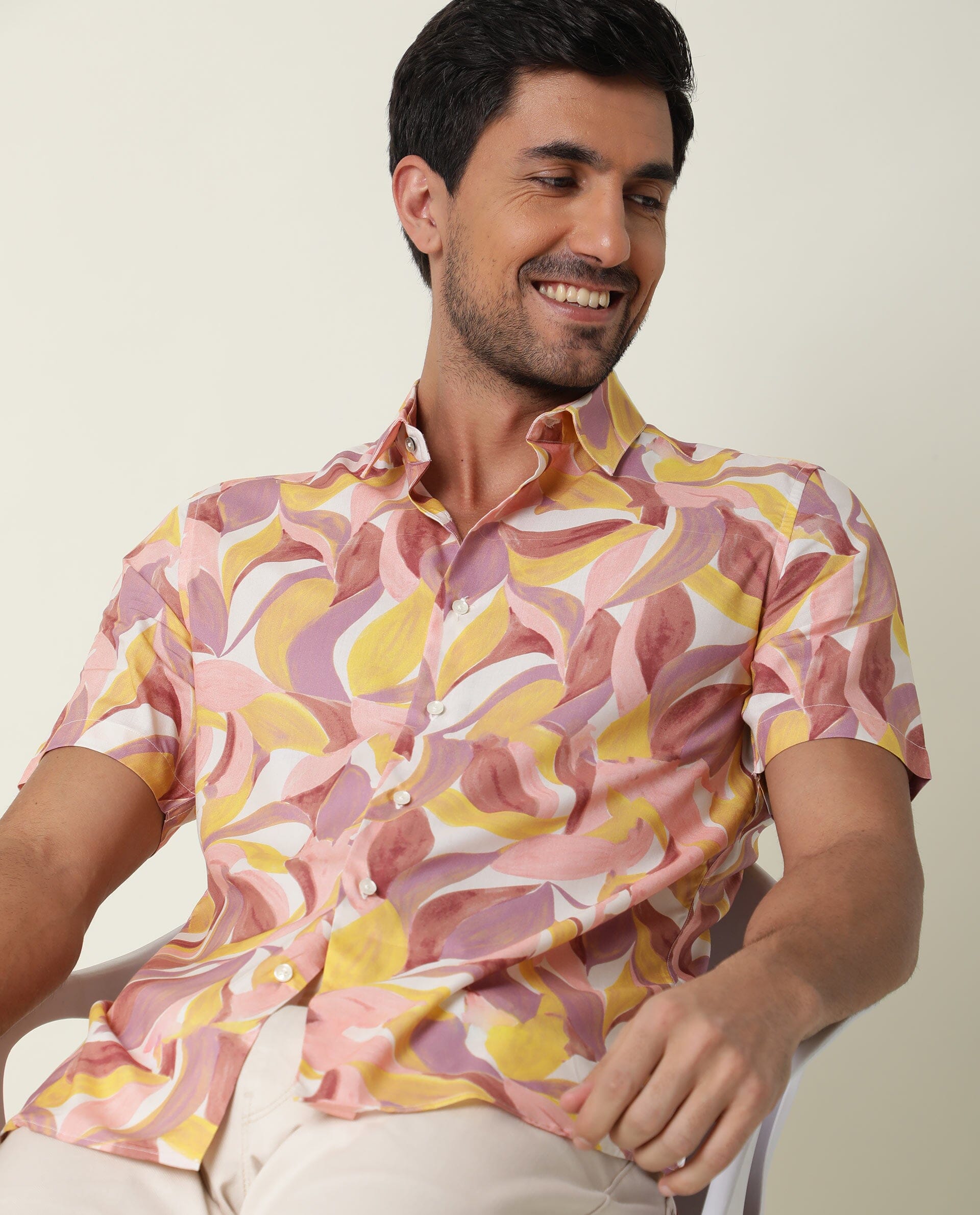 Rare Rabbit Men's Grafe Beige Viscose Fabric Half Sleeves Regular Fit Tropical Print Shirt