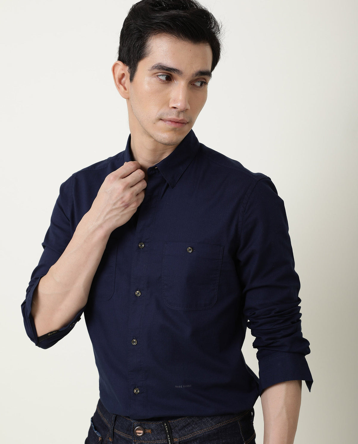 RARE RABBIT HARRINBONE PRIMARY NAVY SHIRT COTTON FABRIC FULL SLEEVE SPREAD COLLAR SLIM FIT